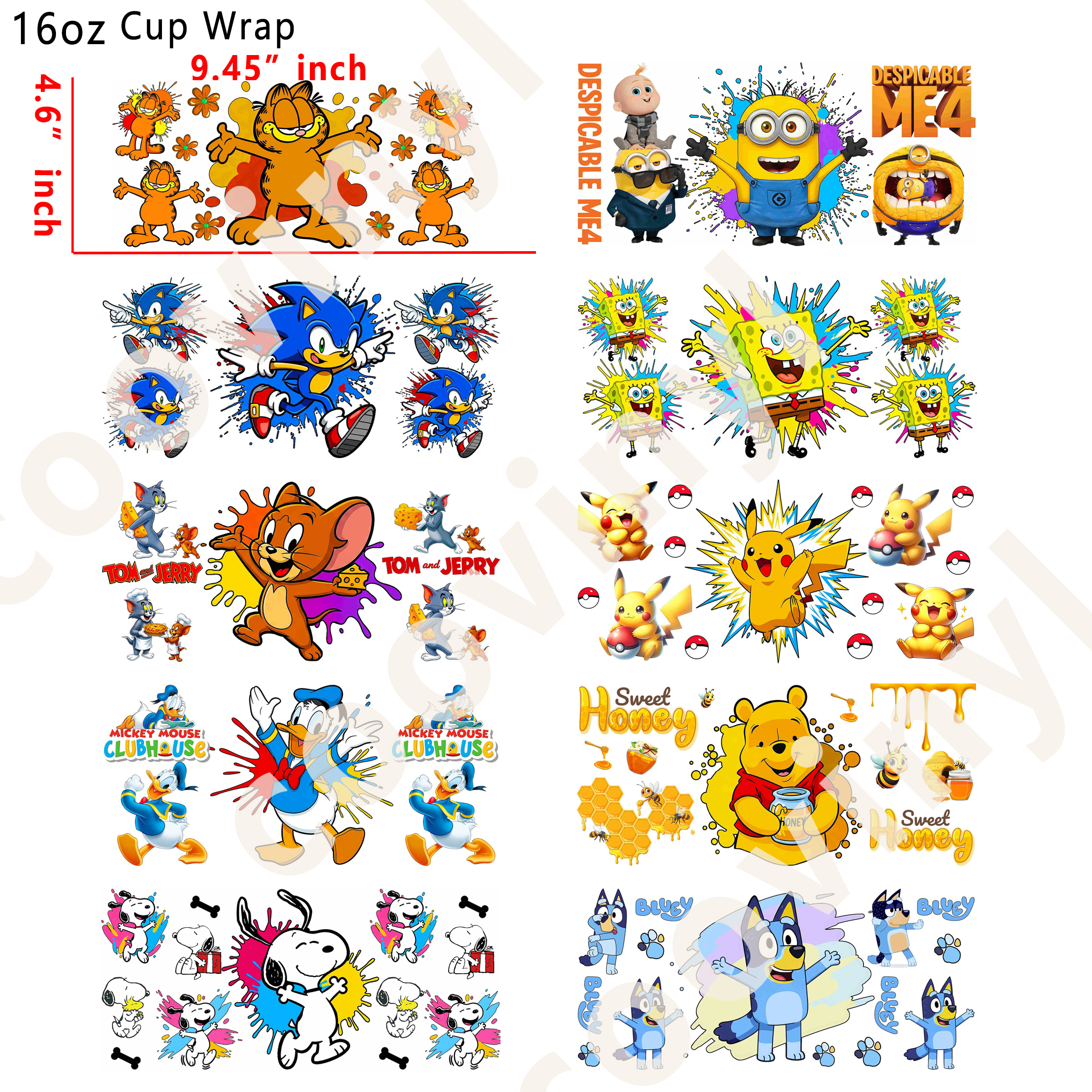(M91)  10pcs Cartoon splash 16OZ Tumbler Cup Wraps, Waterproof Fade-Resistant Decal Stickers, Vivid HD Print with Strong Adhesion, Customizable Transfers for Glass Cups, Mugs & Smooth Surfaces, DIY Art Craft Supplies