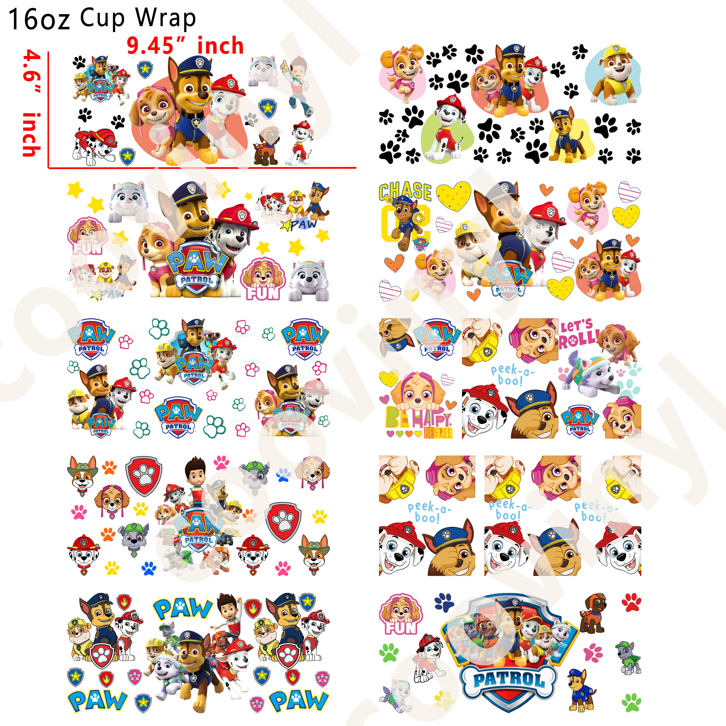 (M92)  10pcs PAW Patrol 16OZ Tumbler Cup Wraps, Waterproof Fade-Resistant Decal Stickers, Vivid HD Print with Strong Adhesion, Customizable Transfers for Glass Cups, Mugs & Smooth Surfaces, DIY Art Craft Supplies