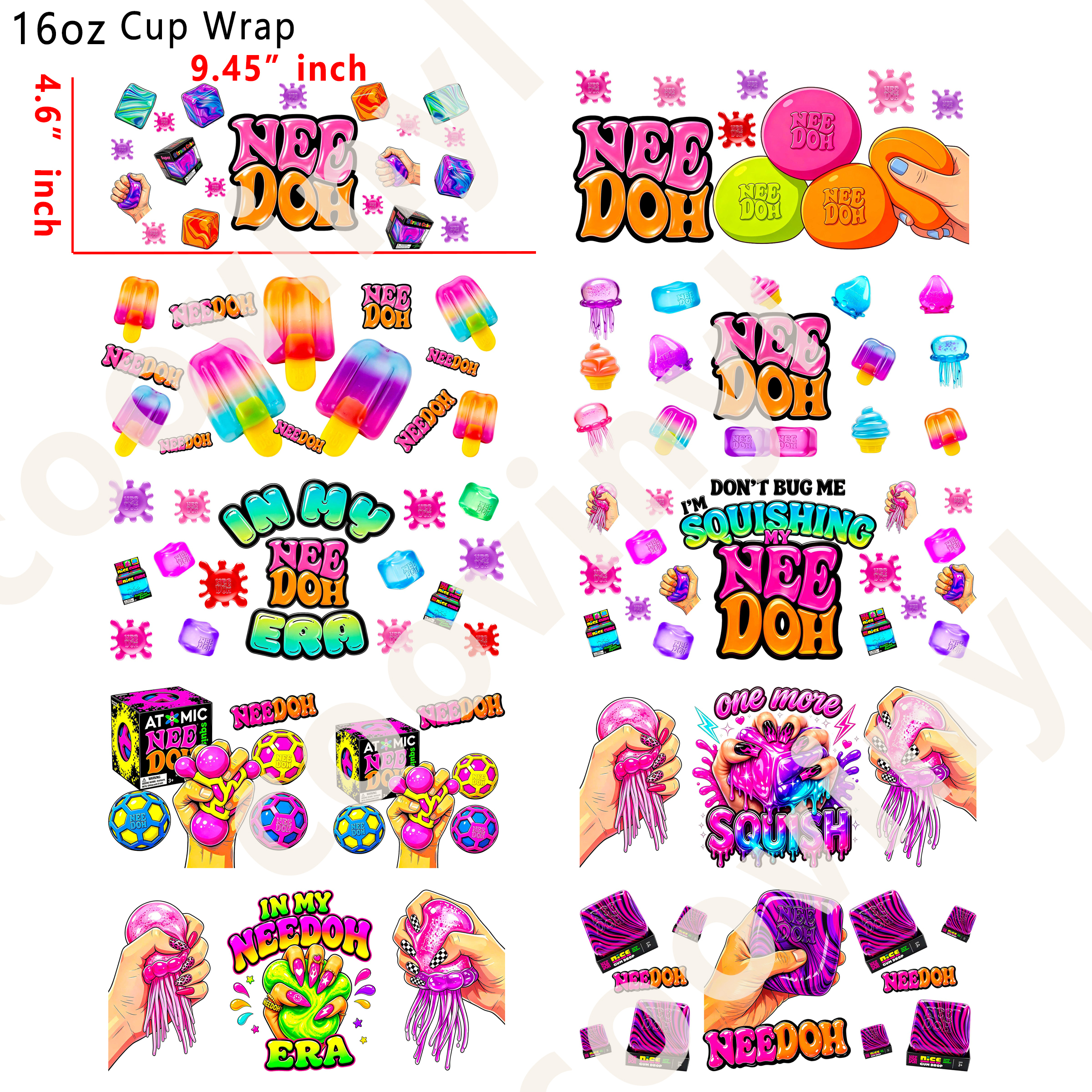 (K90)  10pcs NeeDoh 16OZ Tumbler Cup Wraps, Waterproof Fade-Resistant Decal Stickers, Vivid HD Print with Strong Adhesion, Customizable Transfers for Glass Cups, Mugs & Smooth Surfaces, DIY Art Craft Supplies