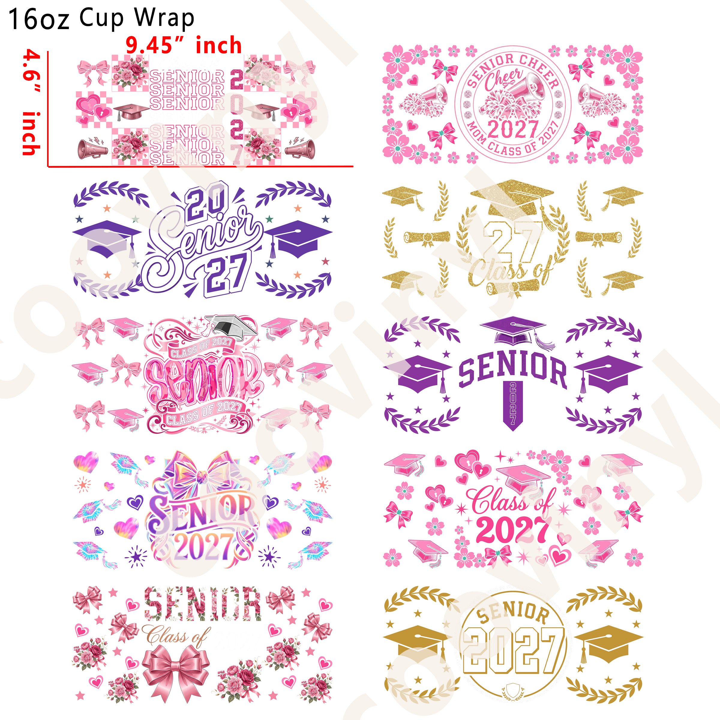 (R57)  10pcs Senior 2027 16OZ Tumbler Cup Wraps, Waterproof Fade-Resistant Decal Stickers, Vivid HD Print with Strong Adhesion, Customizable Transfers for Glass Cups, Mugs & Smooth Surfaces, DIY Art Craft Supplies