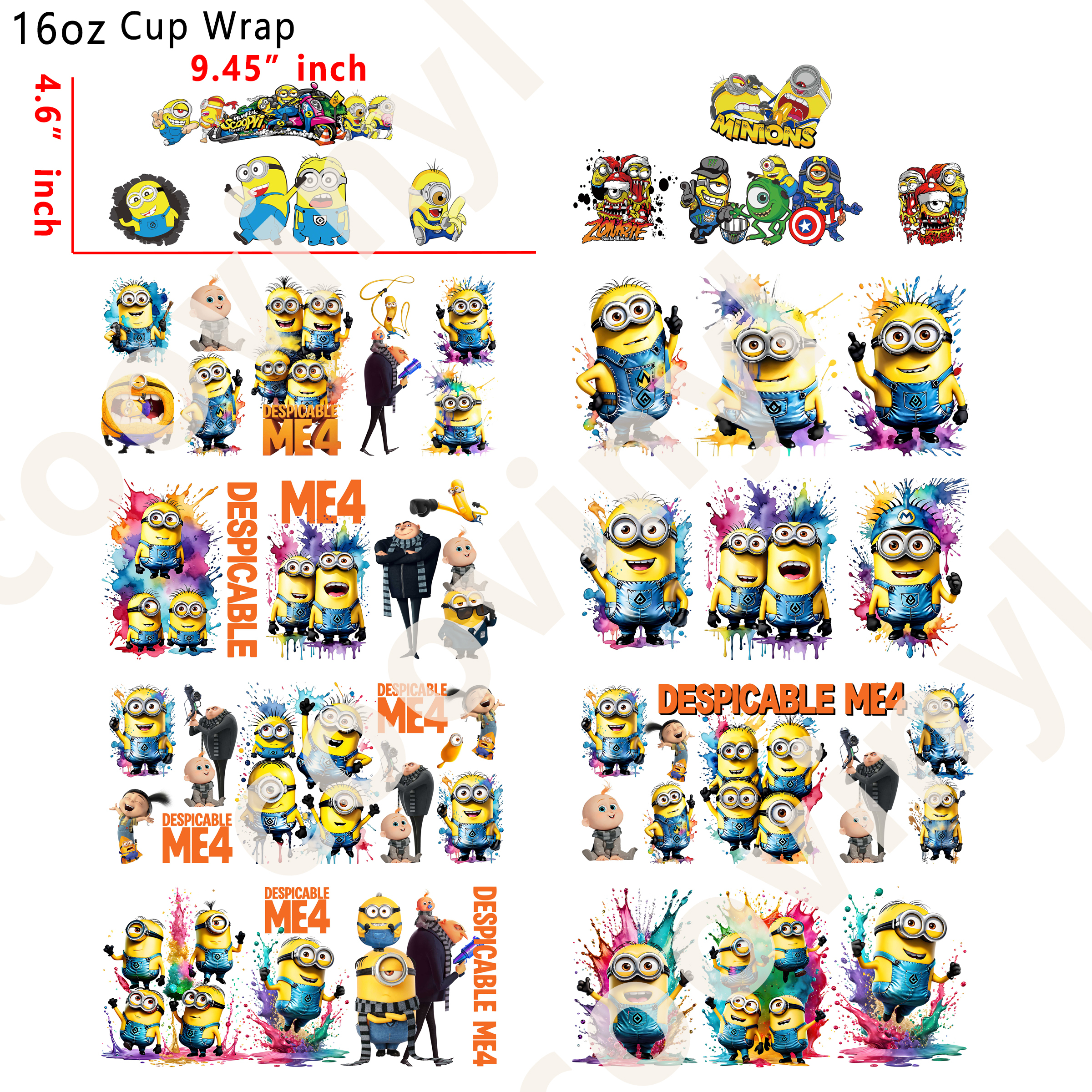 (T21)  10pcs minions 16OZ Tumbler Cup Wraps, Waterproof Fade-Resistant Decal Stickers, Vivid HD Print with Strong Adhesion, Customizable Transfers for Glass Cups, Mugs & Smooth Surfaces, DIY Art Craft Supplies