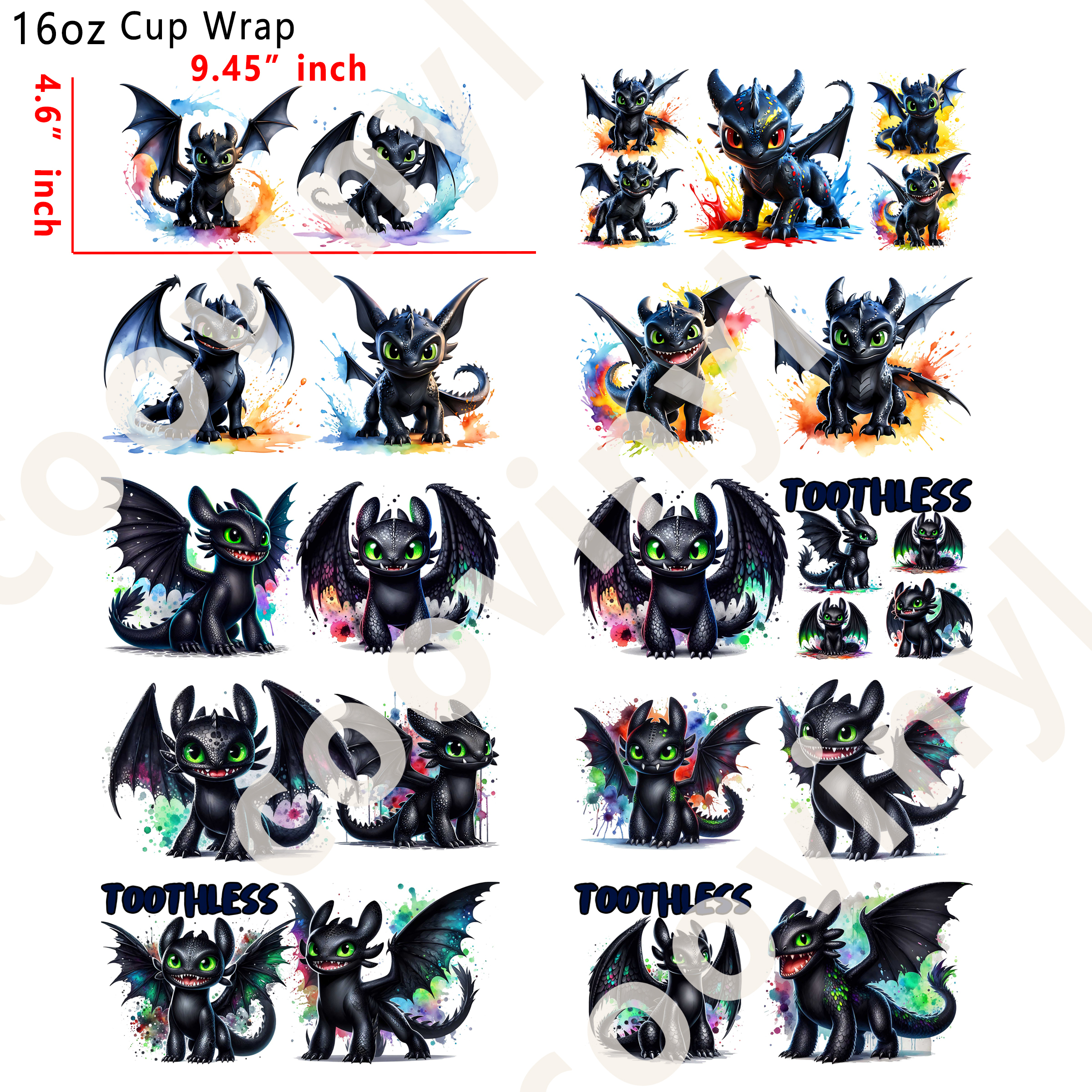 (T24)  10pcs toothless 16OZ Tumbler Cup Wraps, Waterproof Fade-Resistant Decal Stickers, Vivid HD Print with Strong Adhesion, Customizable Transfers for Glass Cups, Mugs & Smooth Surfaces, DIY Art Craft Supplies