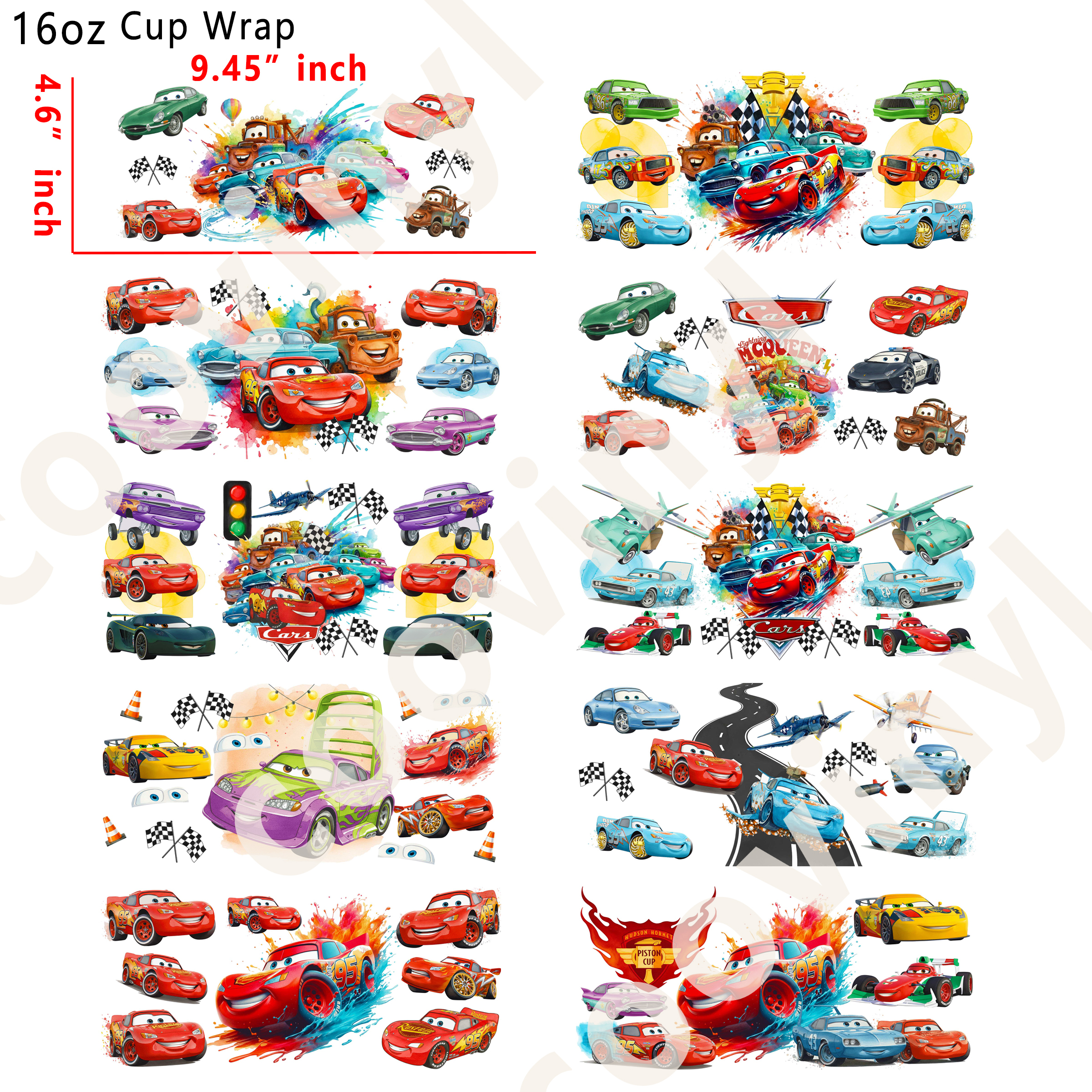 (T58)  10pcs Lightning McQueen 16OZ Tumbler Cup Wraps, Waterproof Fade-Resistant Decal Stickers, Vivid HD Print with Strong Adhesion, Customizable Transfers for Glass Cups, Mugs & Smooth Surfaces, DIY Art Craft Supplies