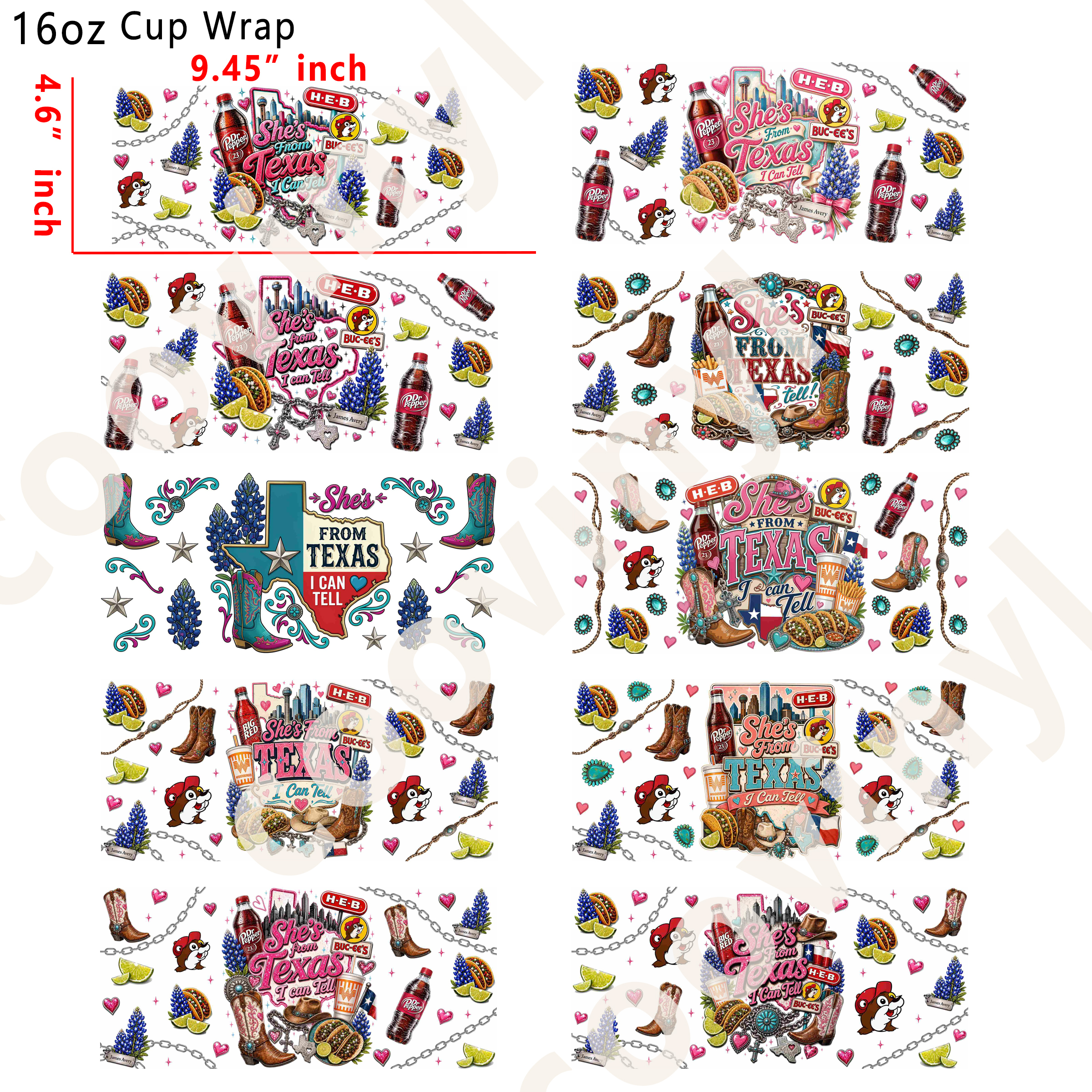 (L73)  10pcs Texas 16OZ Tumbler Cup Wraps, Waterproof Fade-Resistant Decal Stickers, Vivid HD Print with Strong Adhesion, Customizable Transfers for Glass Cups, Mugs & Smooth Surfaces, DIY Art Craft Supplies
