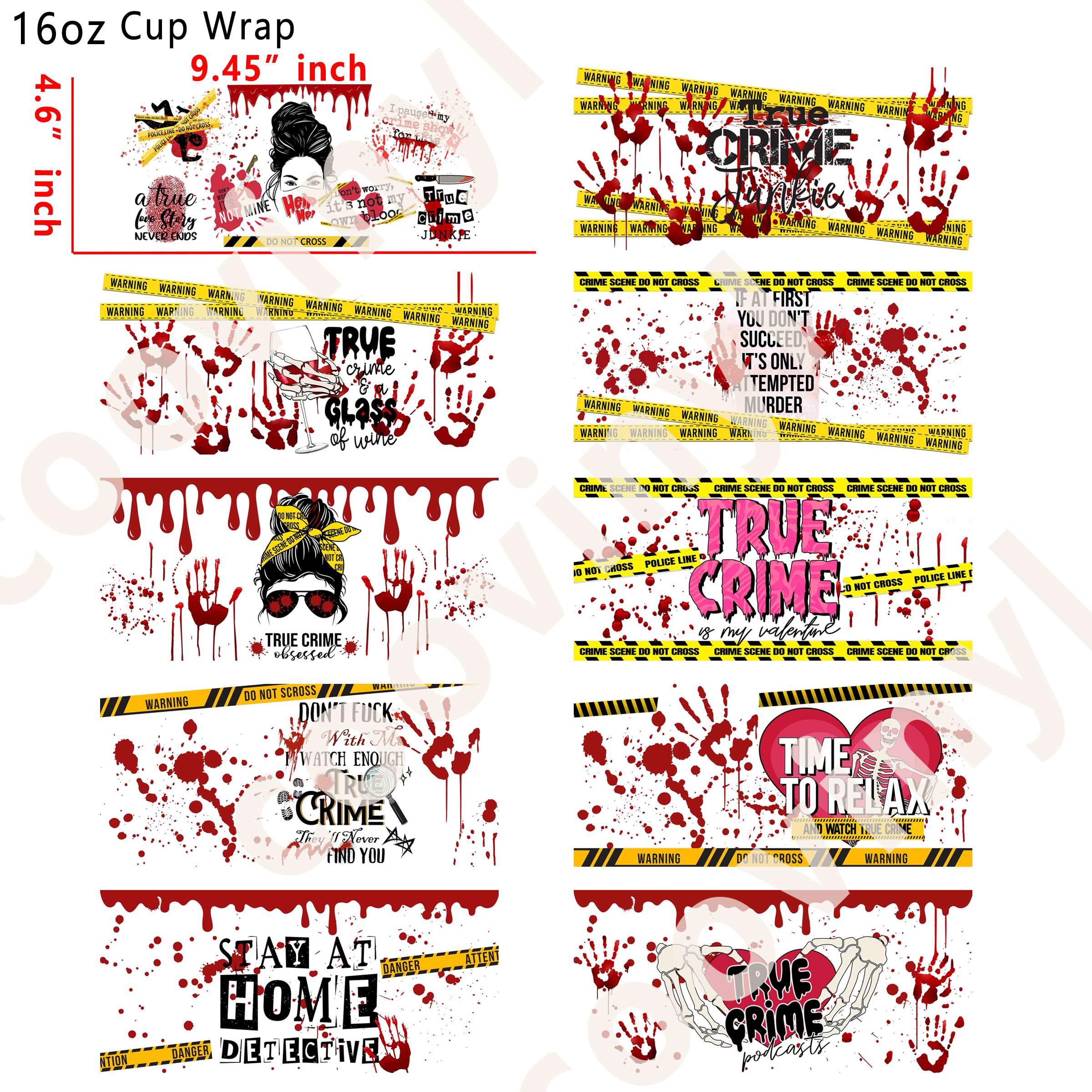 (U66)  10pcs true crime 16OZ Tumbler Cup Wraps, Waterproof Fade-Resistant Decal Stickers, Vivid HD Print with Strong Adhesion, Customizable Transfers for Glass Cups, Mugs & Smooth Surfaces, DIY Art Craft Supplies