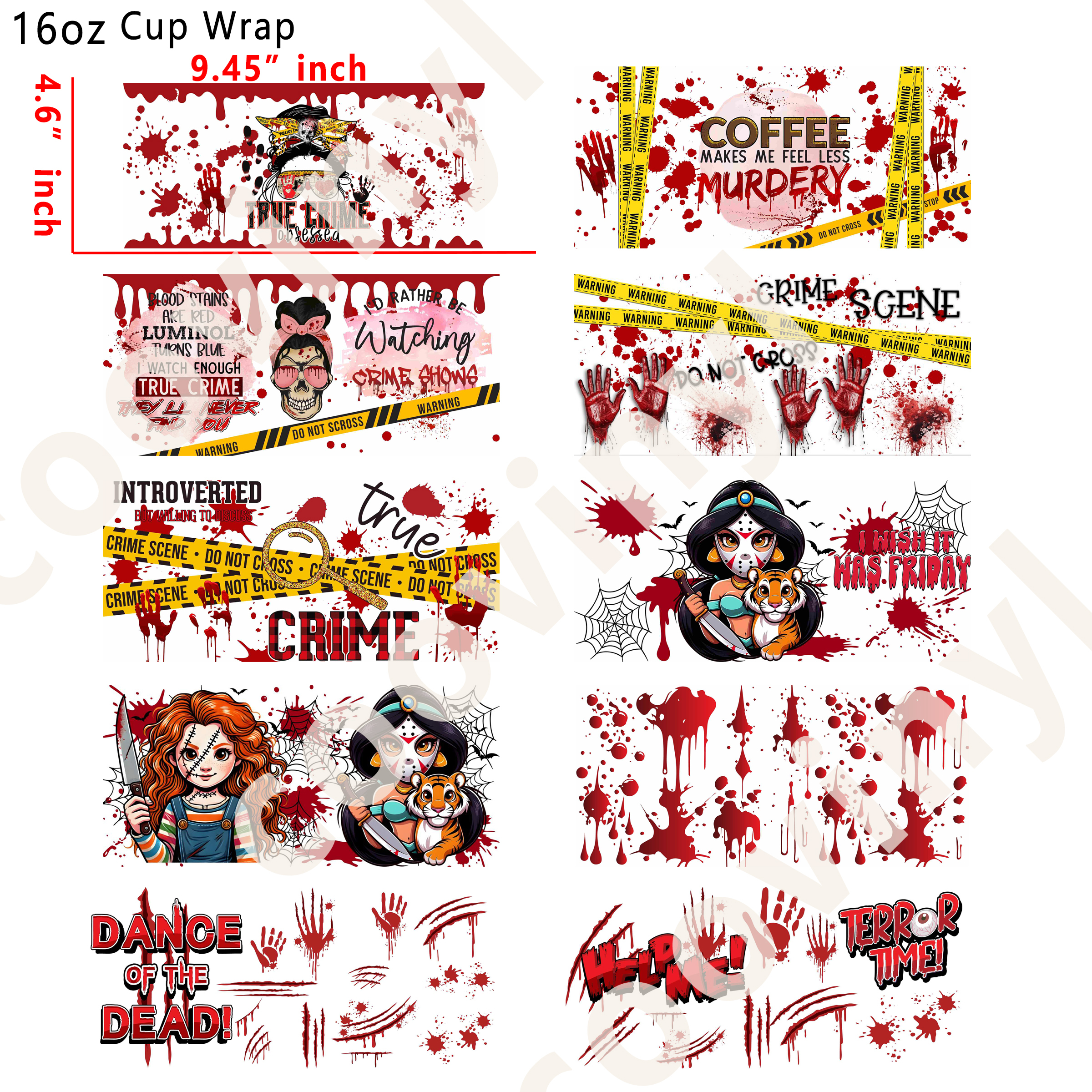 (U66)  20pcs true crime 16OZ Tumbler Cup Wraps, Waterproof Fade-Resistant Decal Stickers, Vivid HD Print with Strong Adhesion, Customizable Transfers for Glass Cups, Mugs & Smooth Surfaces, DIY Art Craft Supplies