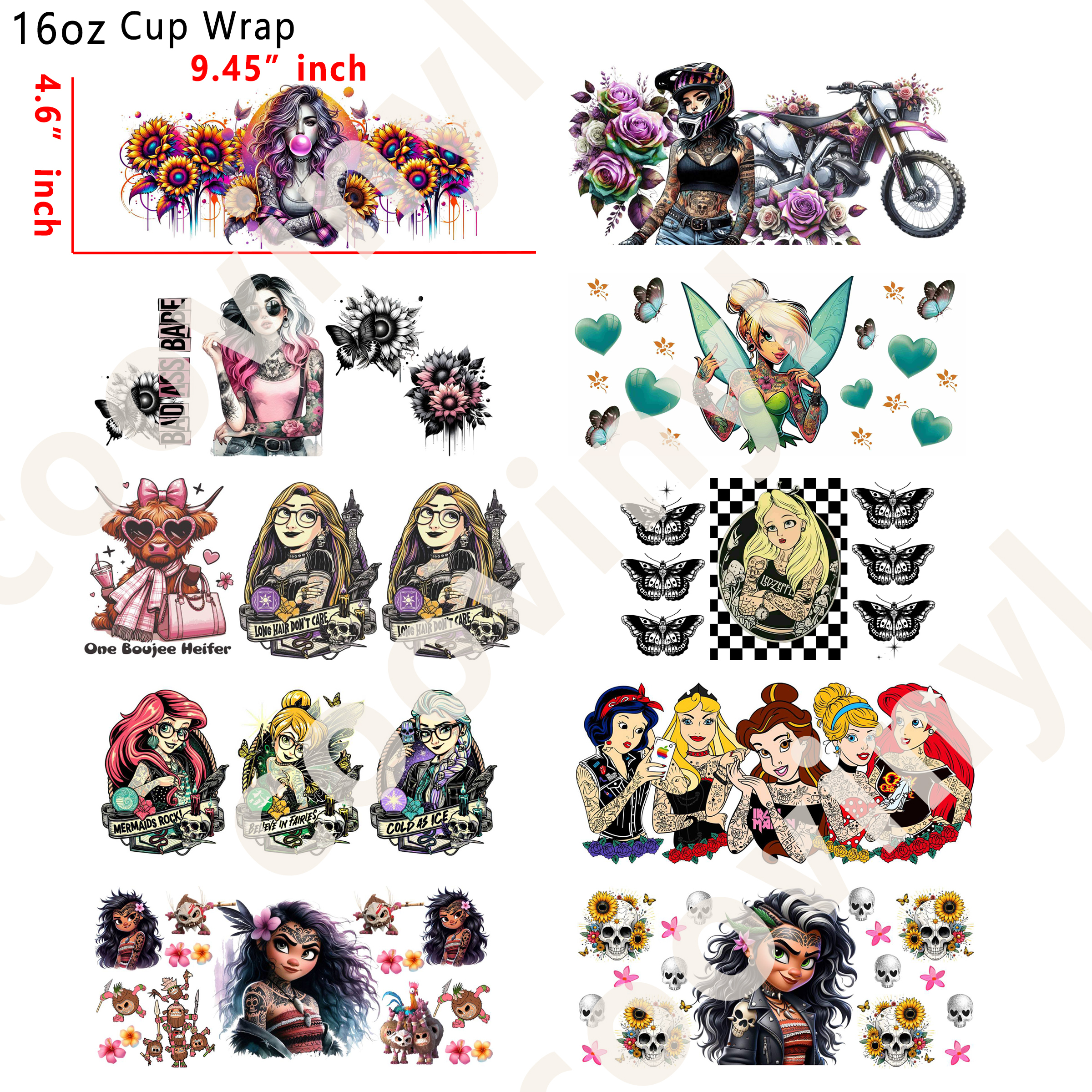 (U71)  20pcs tatoo princess 16OZ Tumbler Cup Wraps, Waterproof Fade-Resistant Decal Stickers, Vivid HD Print with Strong Adhesion, Customizable Transfers for Glass Cups, Mugs & Smooth Surfaces, DIY Art Craft Supplies