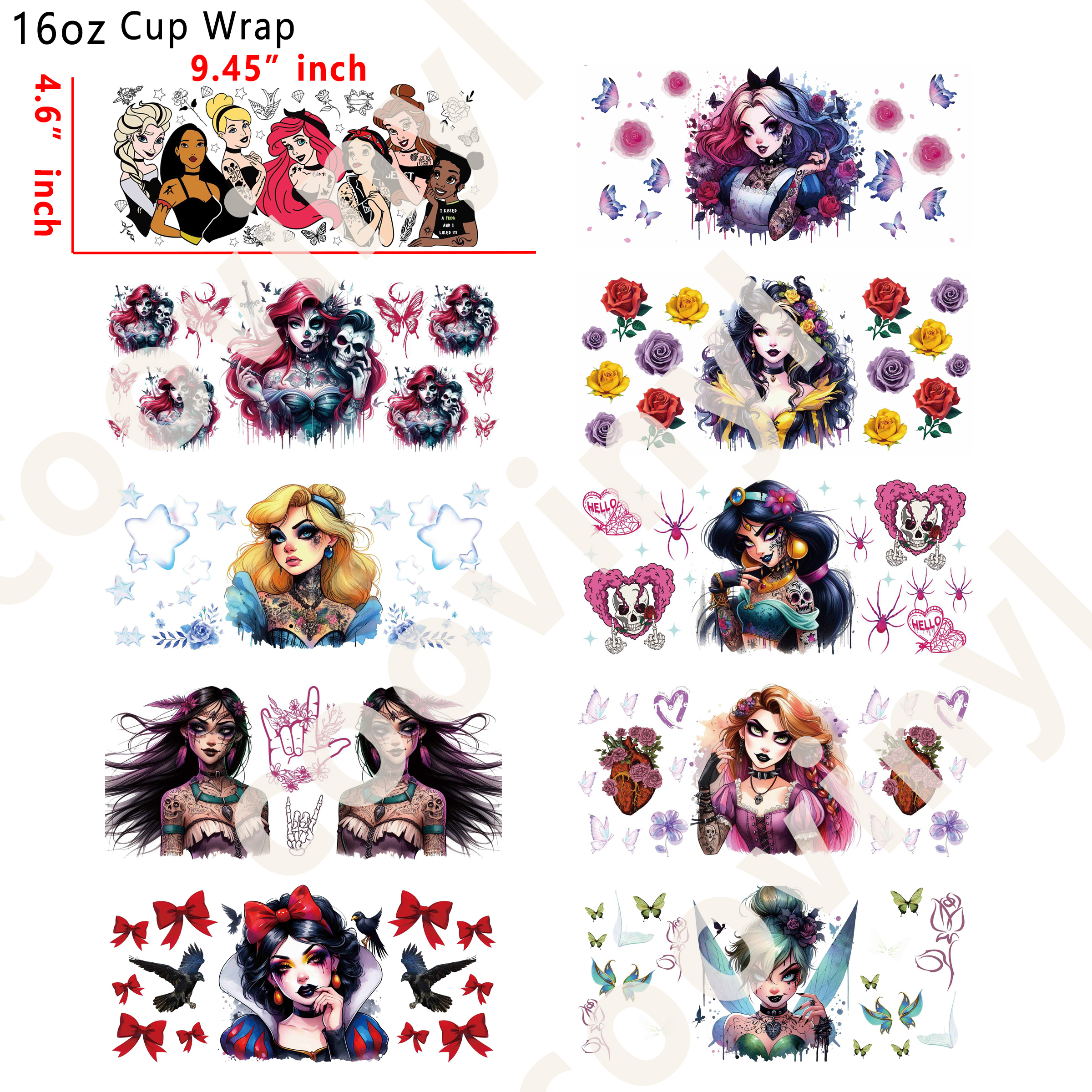 (U71)  20pcs tatoo princess 16OZ Tumbler Cup Wraps, Waterproof Fade-Resistant Decal Stickers, Vivid HD Print with Strong Adhesion, Customizable Transfers for Glass Cups, Mugs & Smooth Surfaces, DIY Art Craft Supplies