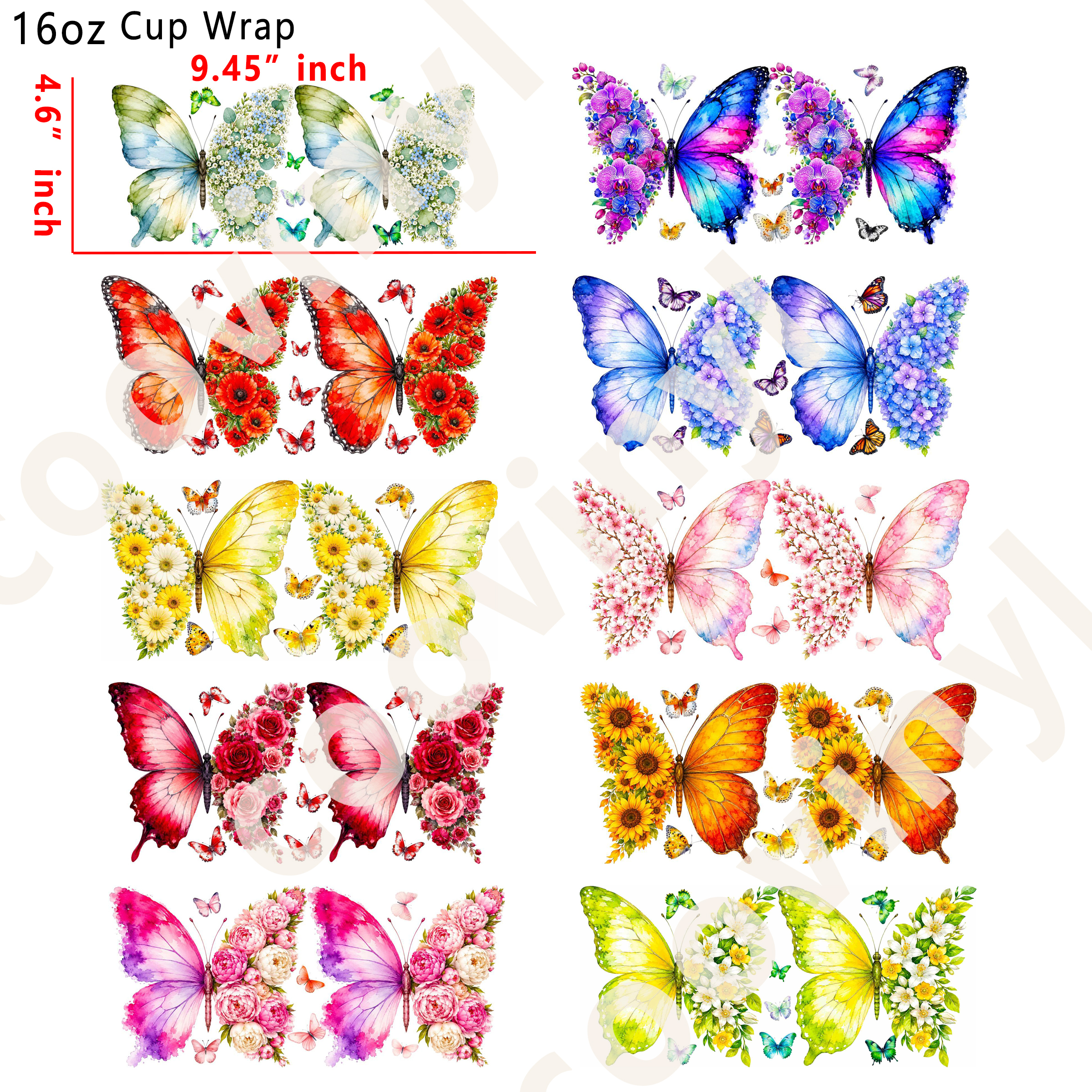 (U75)  20pcs butterfly 16OZ Tumbler Cup Wraps, Waterproof Fade-Resistant Decal Stickers, Vivid HD Print with Strong Adhesion, Customizable Transfers for Glass Cups, Mugs & Smooth Surfaces, DIY Art Craft Supplies