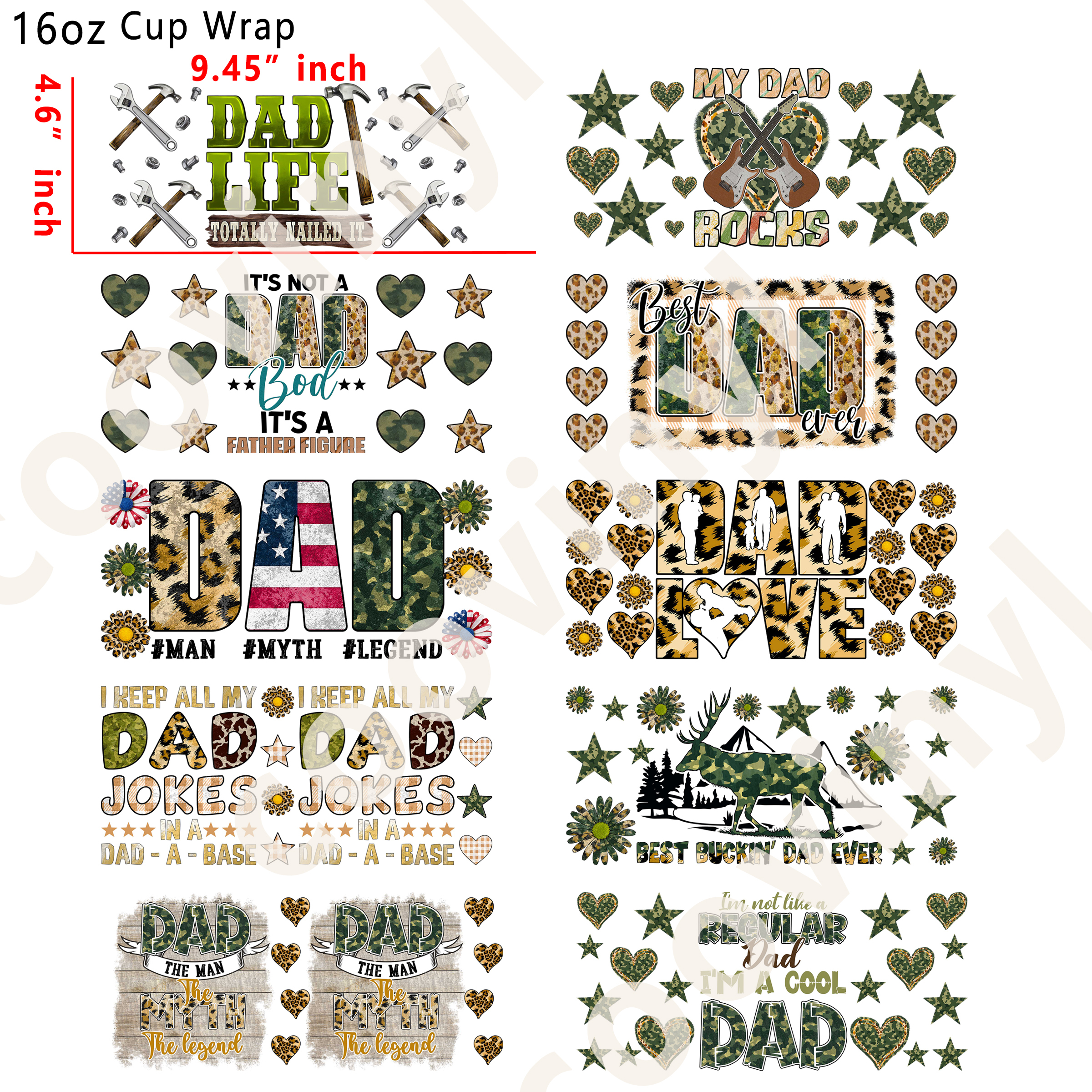 (X1)  10pcs DAD 16OZ Tumbler Cup Wraps, Waterproof Fade-Resistant Decal Stickers, Vivid HD Print with Strong Adhesion, Customizable Transfers for Glass Cups, Mugs & Smooth Surfaces, DIY Art Craft Supplies