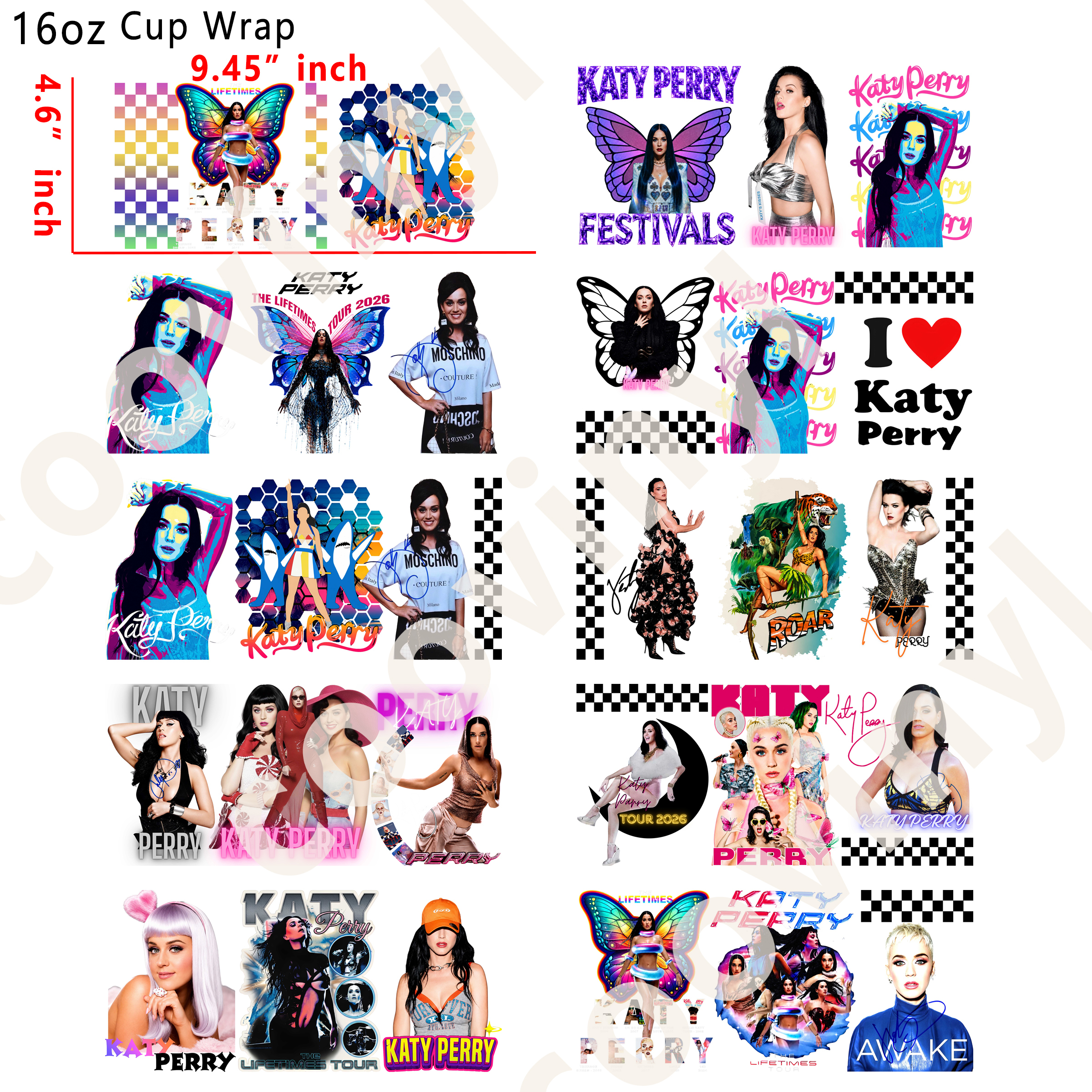 (K12)  10pcs  katy perry 16OZ Tumbler Cup Wraps, Waterproof Fade-Resistant Decal Stickers, Vivid HD Print with Strong Adhesion, Customizable Transfers for Glass Cups, Mugs & Smooth Surfaces, DIY Art Craft Supplies