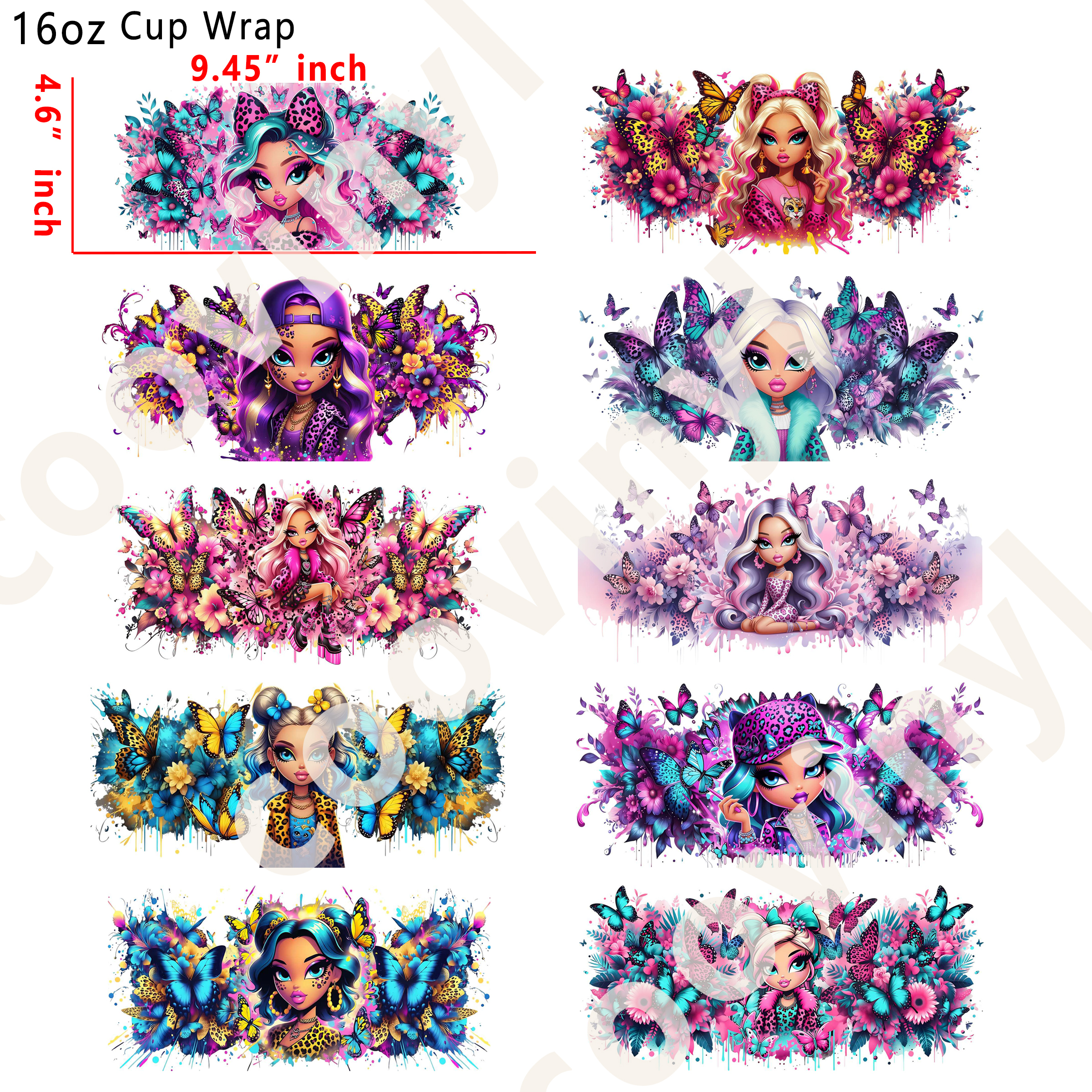 (L94)  10pcs leopard Bratz 16OZ Tumbler Cup Wraps, Waterproof Fade-Resistant Decal Stickers, Vivid HD Print with Strong Adhesion, Customizable Transfers for Glass Cups, Mugs & Smooth Surfaces, DIY Art Craft Supplies
