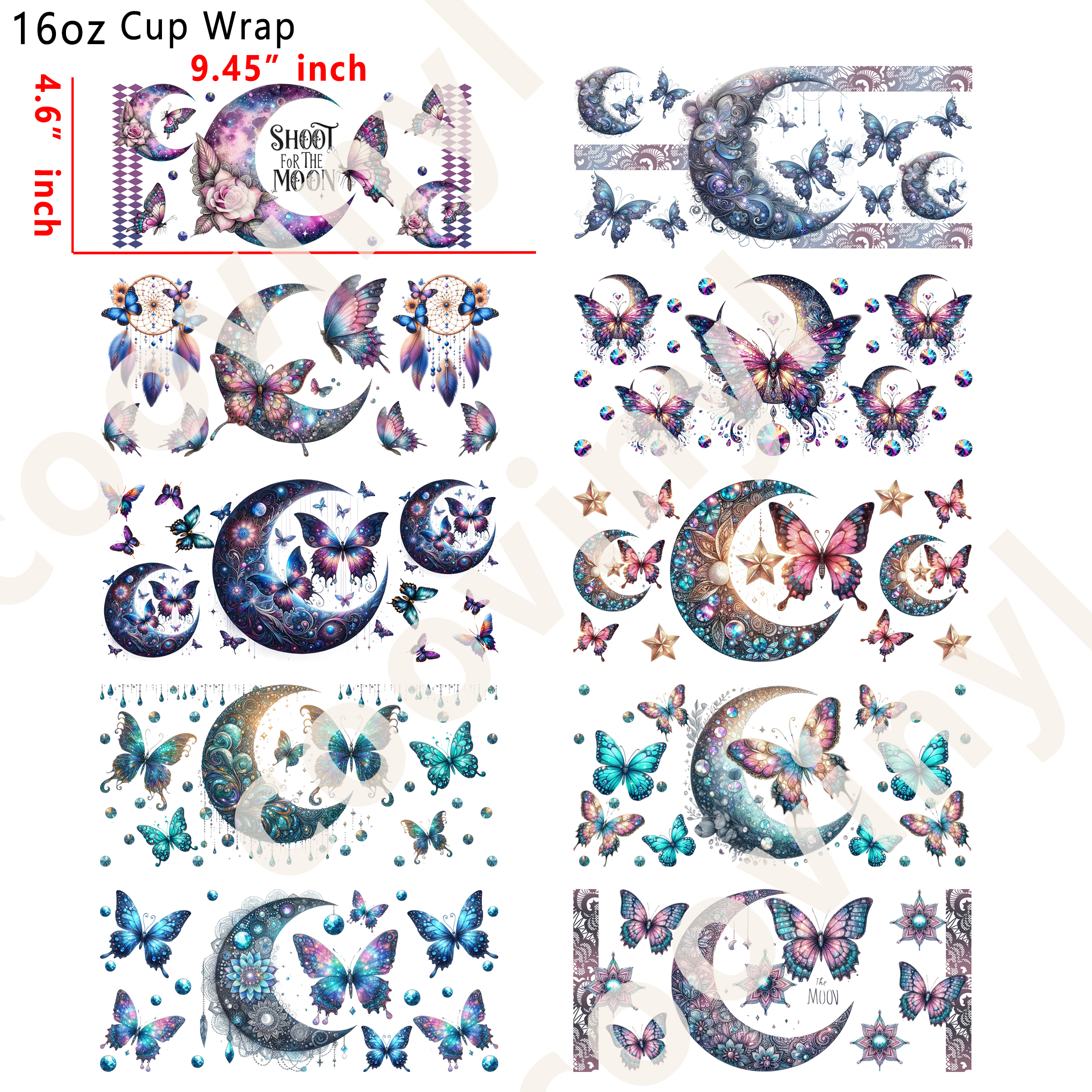 (R24)  10pcs moon and butterfly 16OZ Tumbler Cup Wraps, Waterproof Fade-Resistant Decal Stickers, Vivid HD Print with Strong Adhesion, Customizable Transfers for Glass Cups, Mugs & Smooth Surfaces, DIY Art Craft Supplies
