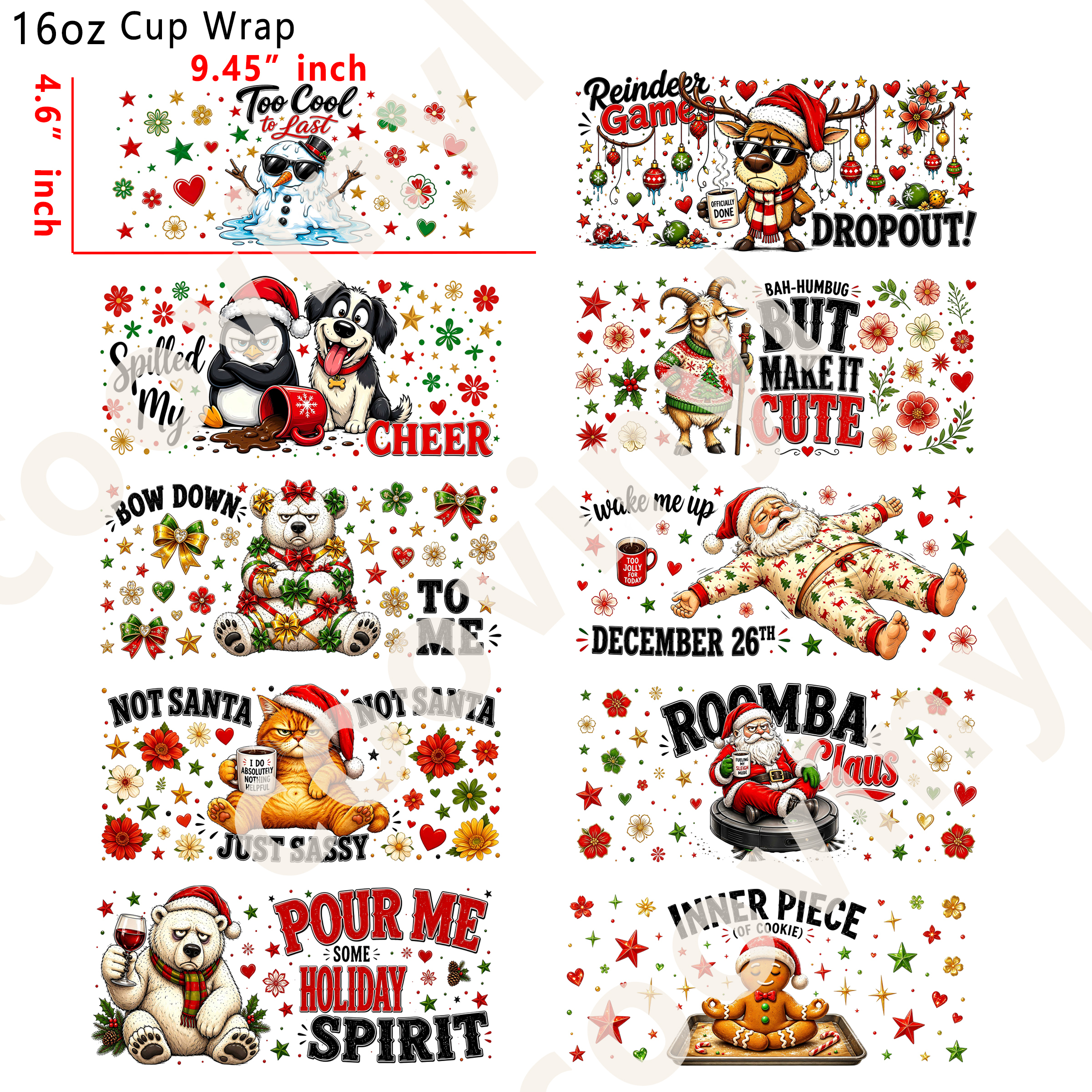 (R31)  10pcs sarcastic Christmas 16OZ Tumbler Cup Wraps, Waterproof Fade-Resistant Decal Stickers, Vivid HD Print with Strong Adhesion, Customizable Transfers for Glass Cups, Mugs & Smooth Surfaces, DIY Art Craft Supplies