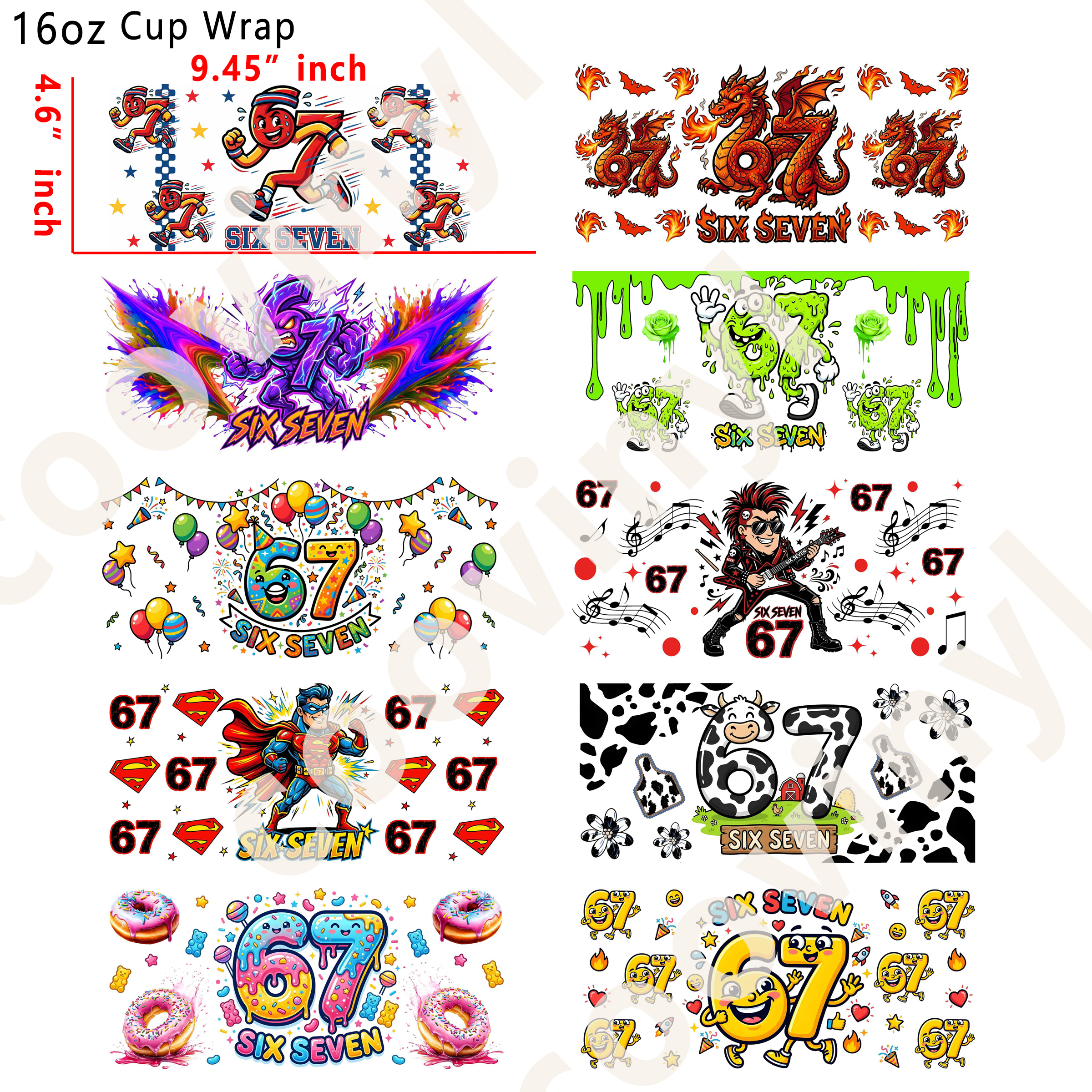 (L77)  10pcs six seven 16OZ Tumbler Cup Wraps, Waterproof Fade-Resistant Decal Stickers, Vivid HD Print with Strong Adhesion, Customizable Transfers for Glass Cups, Mugs & Smooth Surfaces, DIY Art Craft Supplies