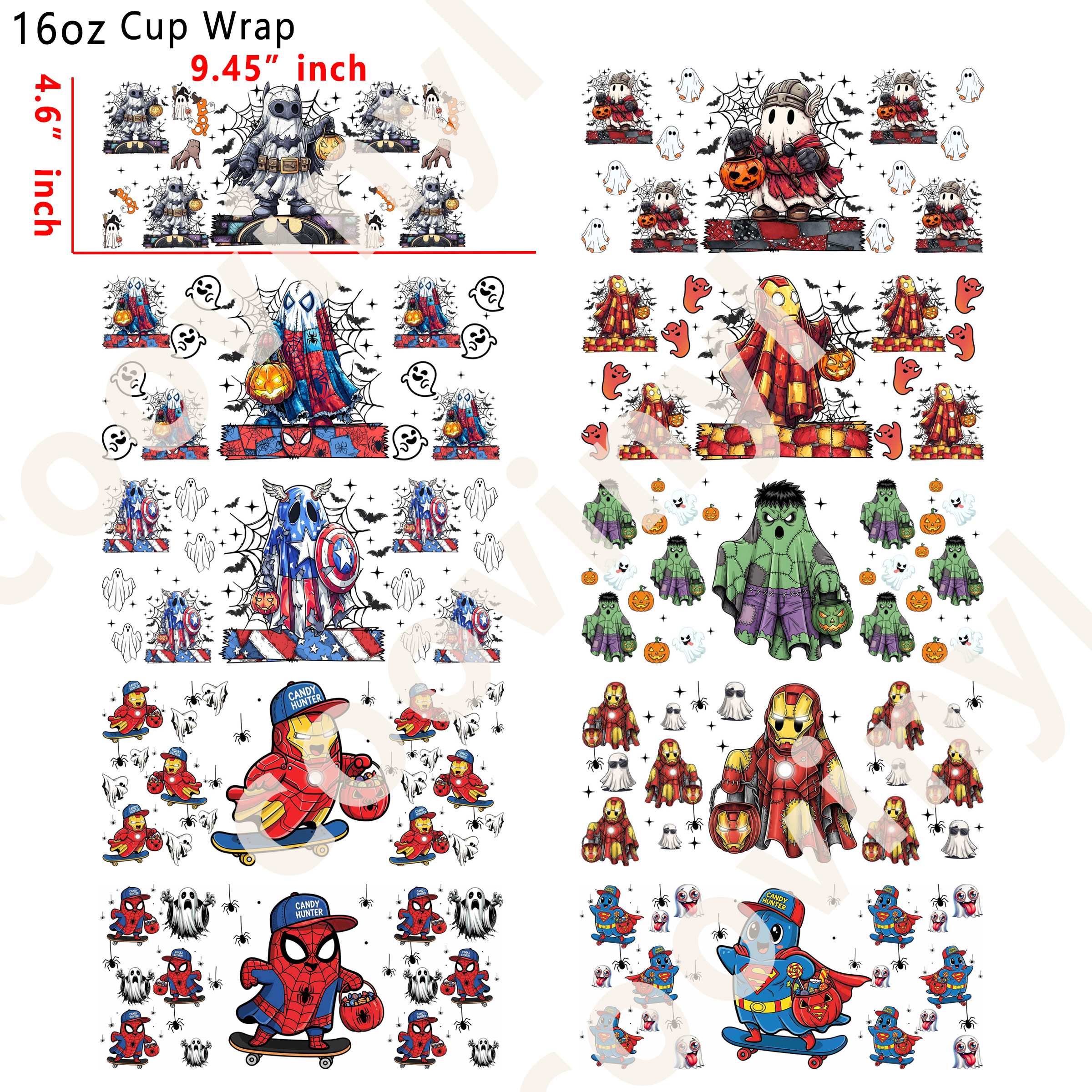 (L60)  10pcs Halloween marvel 16OZ Tumbler Cup Wraps, Waterproof Fade-Resistant Decal Stickers, Vivid HD Print with Strong Adhesion, Customizable Transfers for Glass Cups, Mugs & Smooth Surfaces, DIY Art Craft Supplies