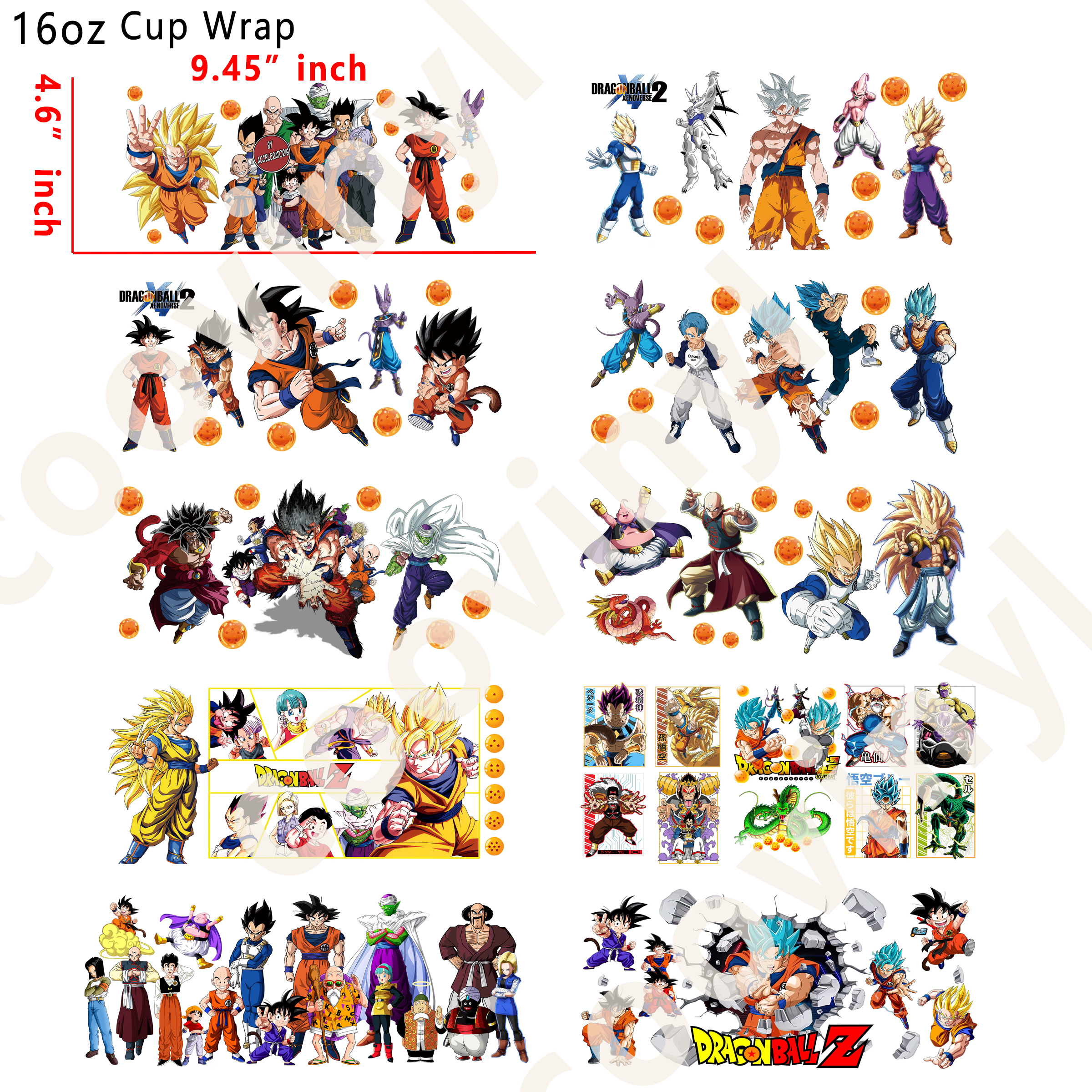 (X3)  10pcs dbz 16OZ Tumbler Cup Wraps, Waterproof Fade-Resistant Decal Stickers, Vivid HD Print with Strong Adhesion, Customizable Transfers for Glass Cups, Mugs & Smooth Surfaces, DIY Art Craft Supplies