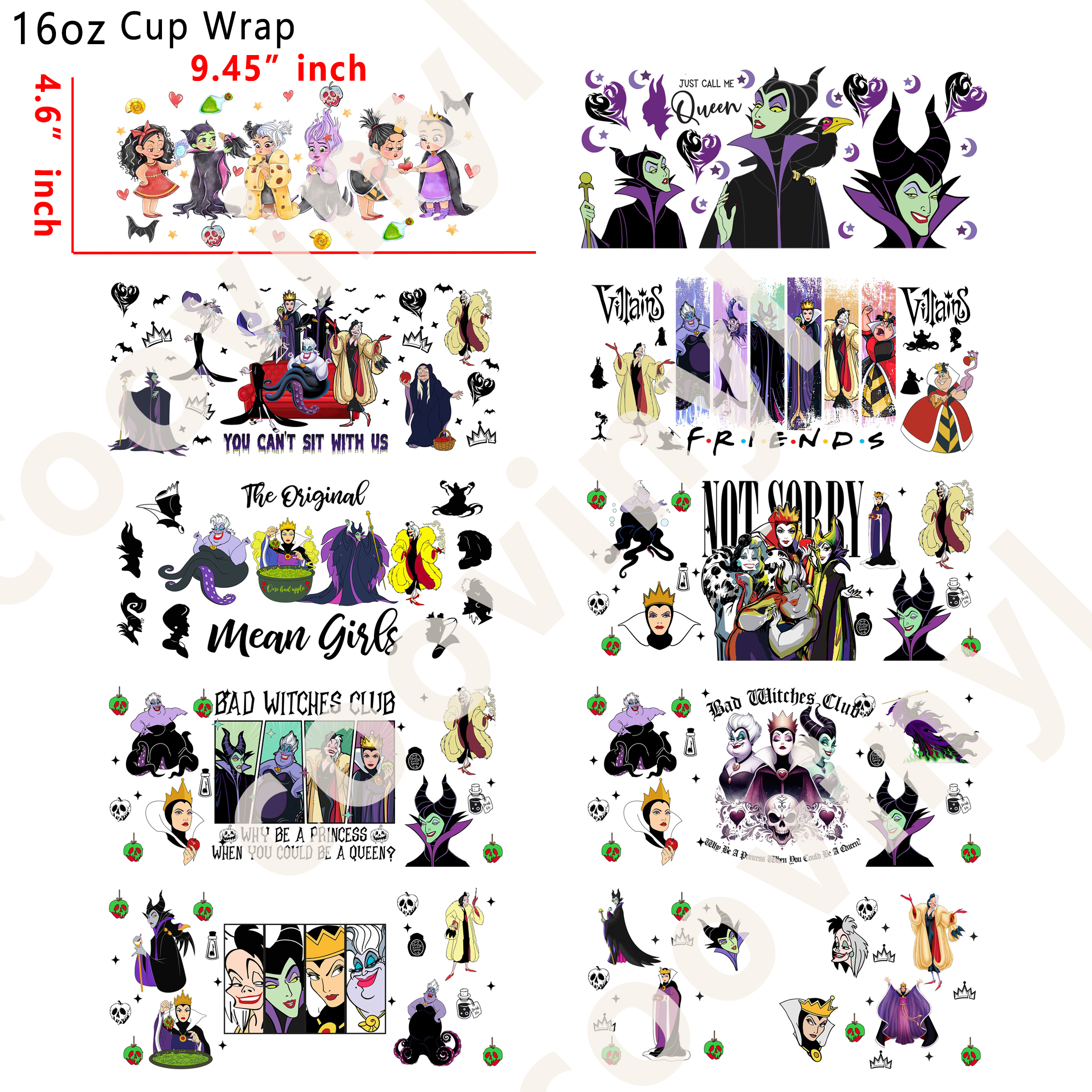 (X4)  10pcs villains 16OZ Tumbler Cup Wraps, Waterproof Fade-Resistant Decal Stickers, Vivid HD Print with Strong Adhesion, Customizable Transfers for Glass Cups, Mugs & Smooth Surfaces, DIY Art Craft Supplies