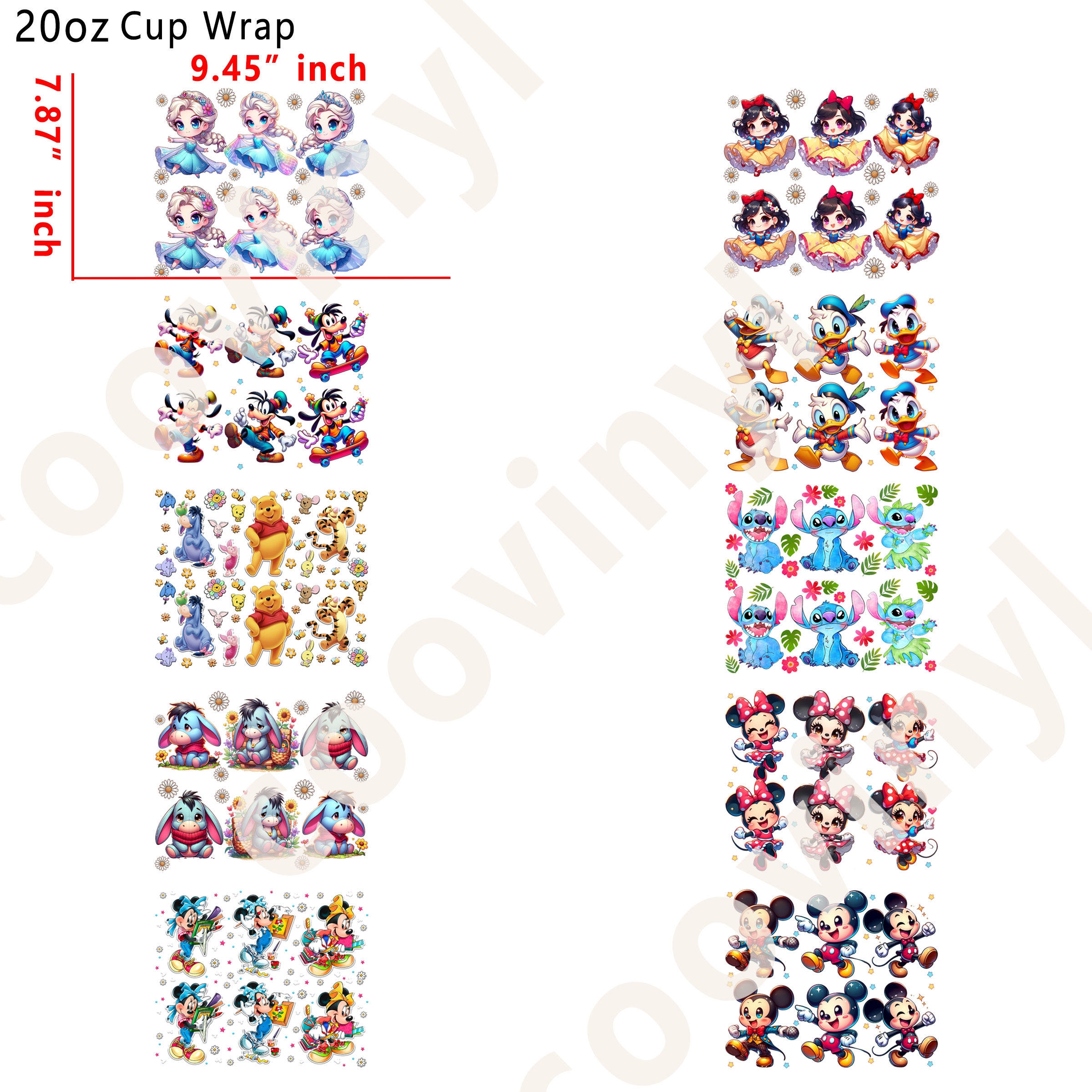 (M70) 10pcs DISNEY MIX 20OZ Tumbler Cup Wraps, Waterproof Fade-Resistant Decal Stickers, Vivid HD Print with Strong Adhesion, Customizable Transfers for Glass Cups, Mugs & Smooth Surfaces, DIY Art Craft Supplies