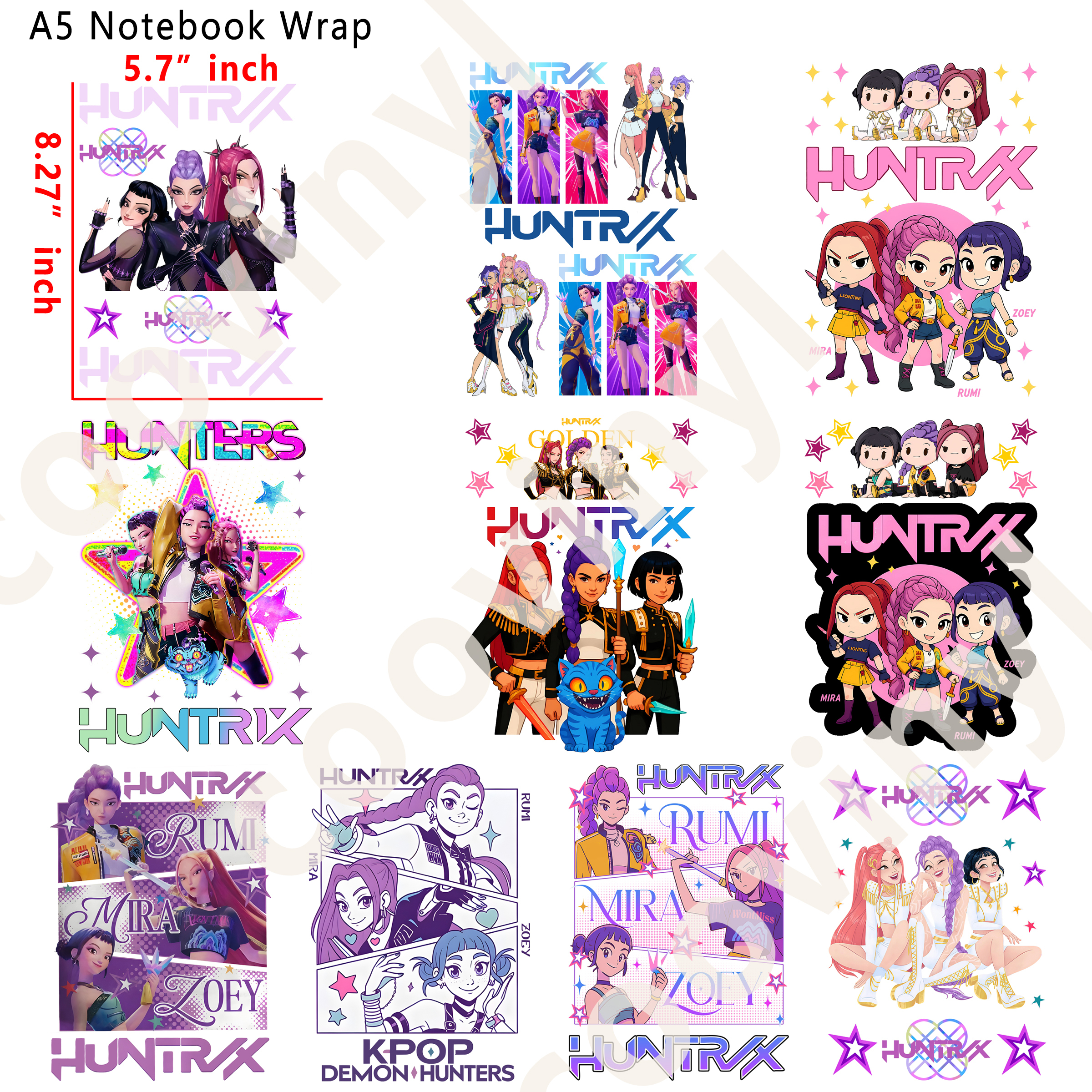 (Q88) demon hunter 10pcs A5 Notebook Wraps, Waterproof Fade Resistant UV DTF Decal Stickers, Vivid HD Print with Strong Adhesion, Customizable Crystal Transfers for Notebooks & Smooth Surfaces, DIY Art Craft Supplies