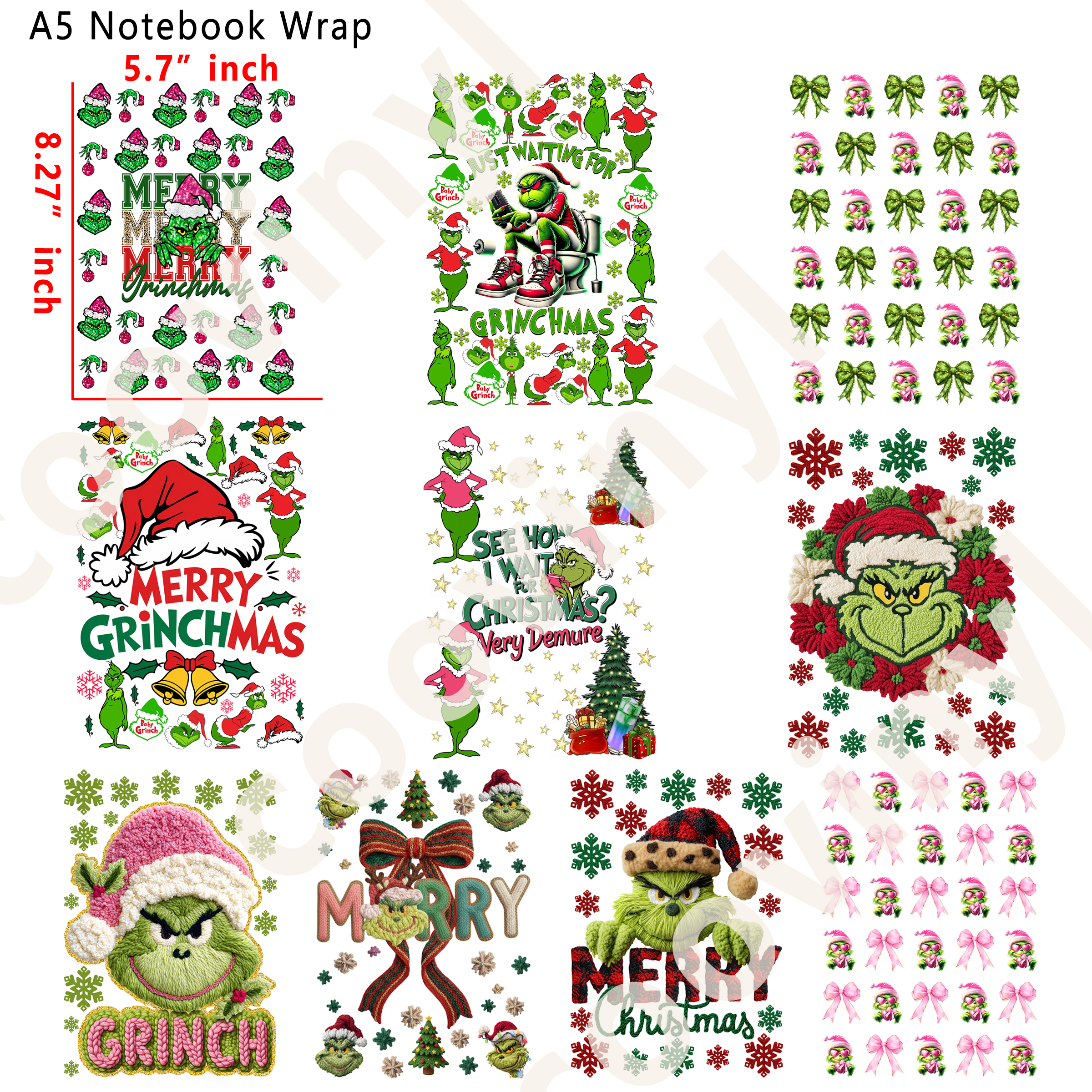 (Q87)  grinch 10pcs A5 Notebook Wraps, Waterproof Fade Resistant UV DTF Decal Stickers, Vivid HD Print with Strong Adhesion, Customizable Crystal Transfers for Notebooks & Smooth Surfaces, DIY Art Craft Supplies