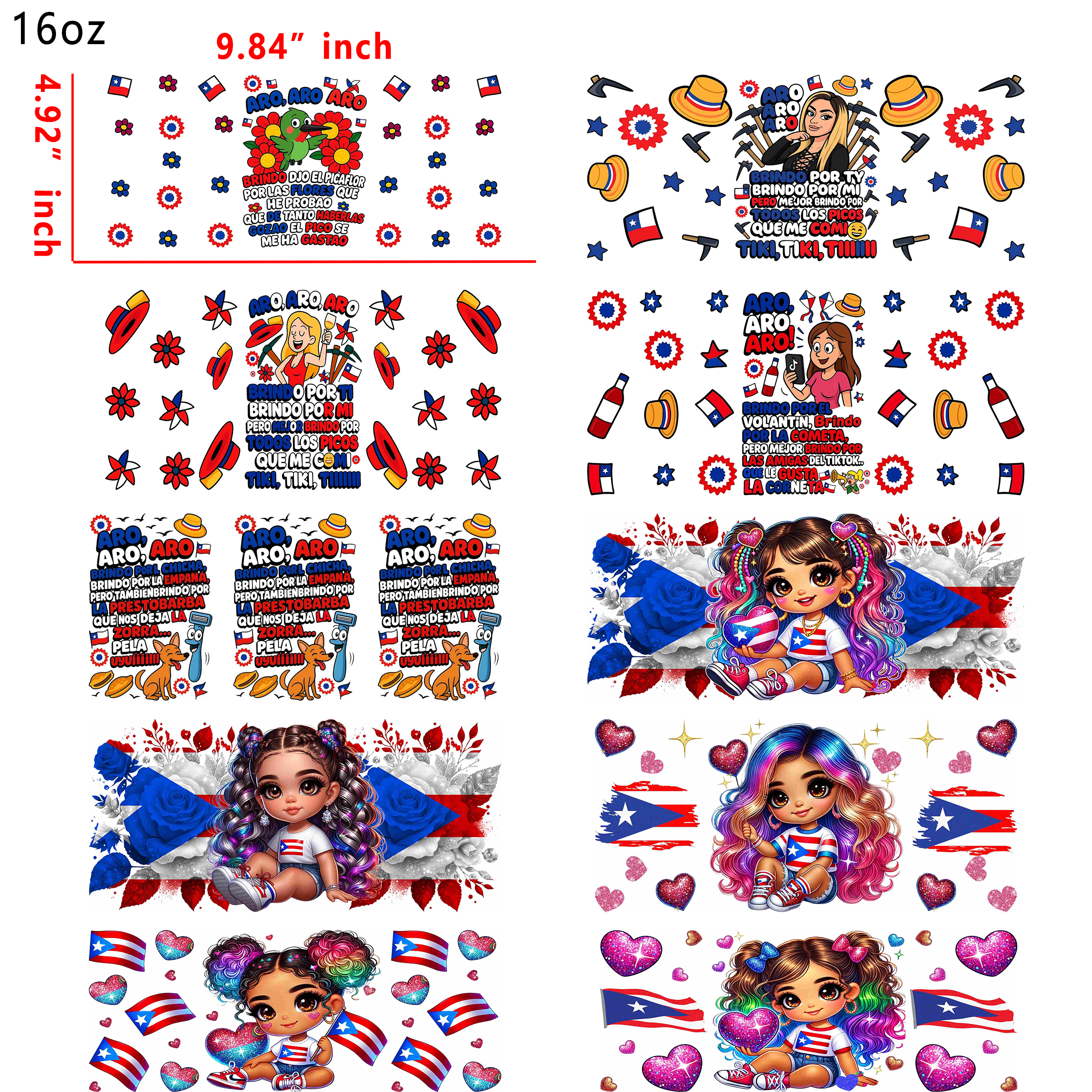 (M32)  10pcs puerto rico  16OZ Tumbler Cup Wraps, Waterproof Fade-Resistant Decal Stickers, Vivid HD Print with Strong Adhesion, Customizable Transfers for Glass Cups, Mugs & Smooth Surfaces, DIY Art Craft Supplies