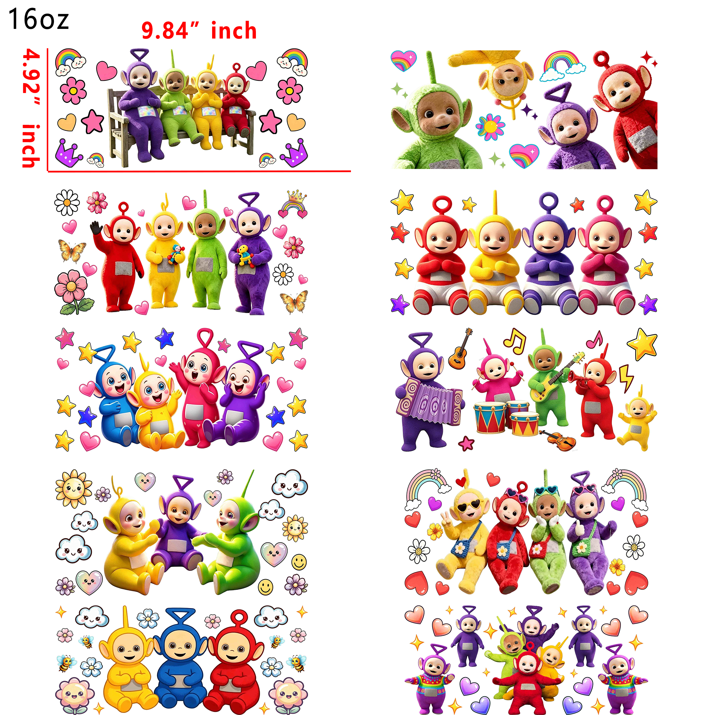 (R71)  10pcs teletubbies  16OZ Tumbler Cup Wraps, Waterproof Fade-Resistant Decal Stickers, Vivid HD Print with Strong Adhesion, Customizable Transfers for Glass Cups, Mugs & Smooth Surfaces, DIY Art Craft Supplies