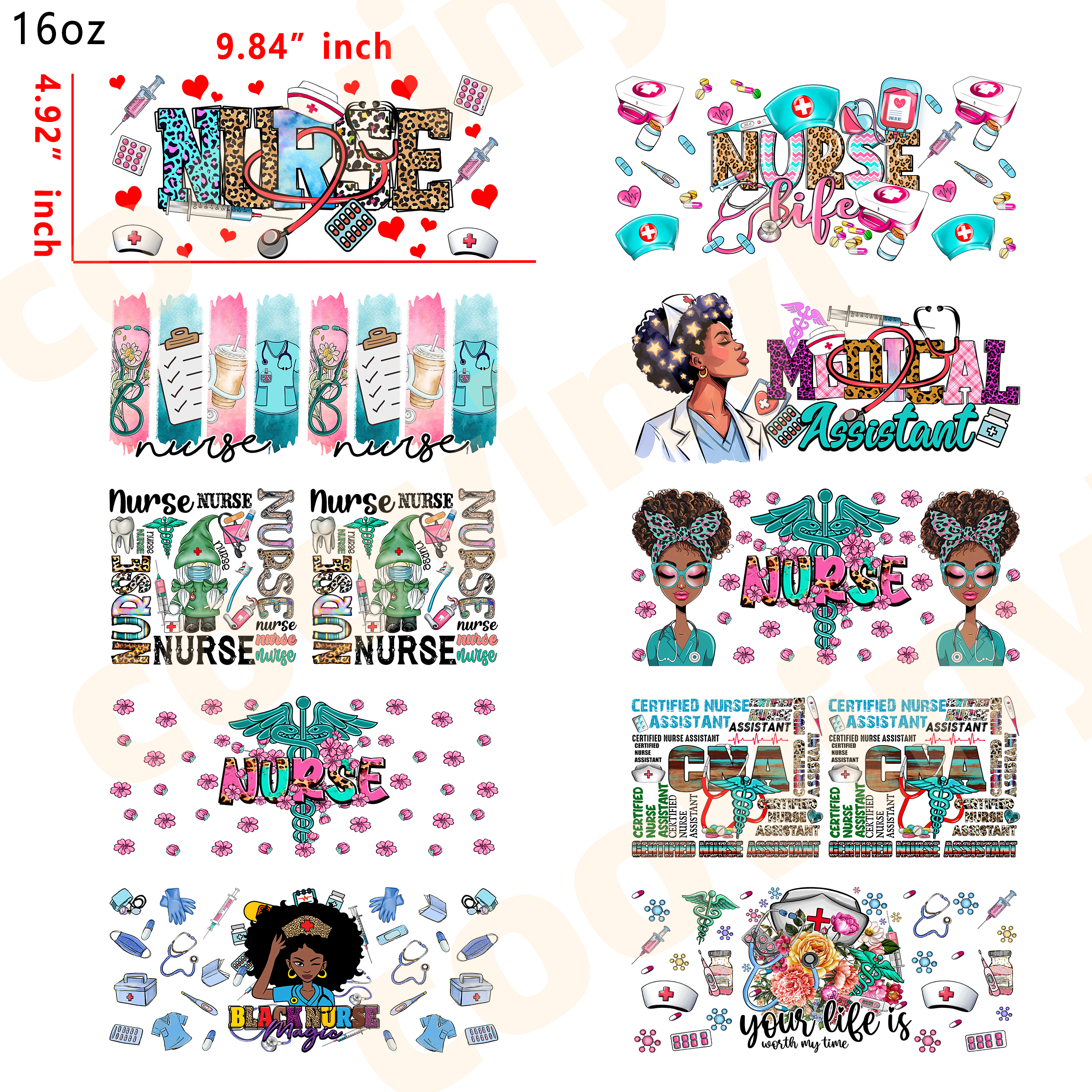 (T13) 10pcs nurse 16OZ Tumbler Cup Wraps, Waterproof Fade-Resistant Decal Stickers, Vivid HD Print with Strong Adhesion, Customizable Transfers for Glass Cups, Mugs & Smooth Surfaces, DIY Art Craft Supplies
