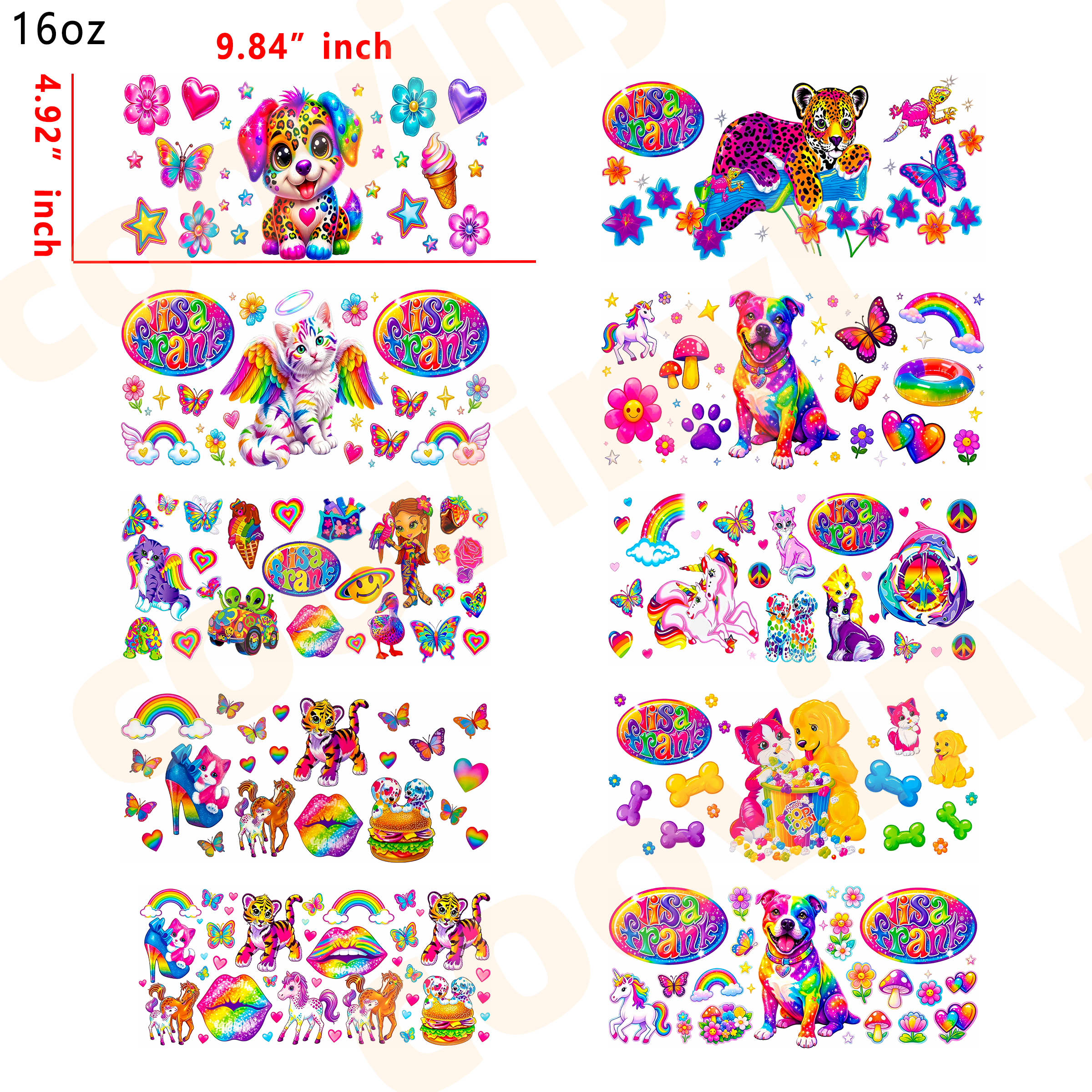 (M51)  10pcs lisa frank 16OZ Tumbler Cup Wraps, Waterproof Fade-Resistant Decal Stickers, Vivid HD Print with Strong Adhesion, Customizable Transfers for Glass Cups, Mugs & Smooth Surfaces, DIY Art Craft Supplies