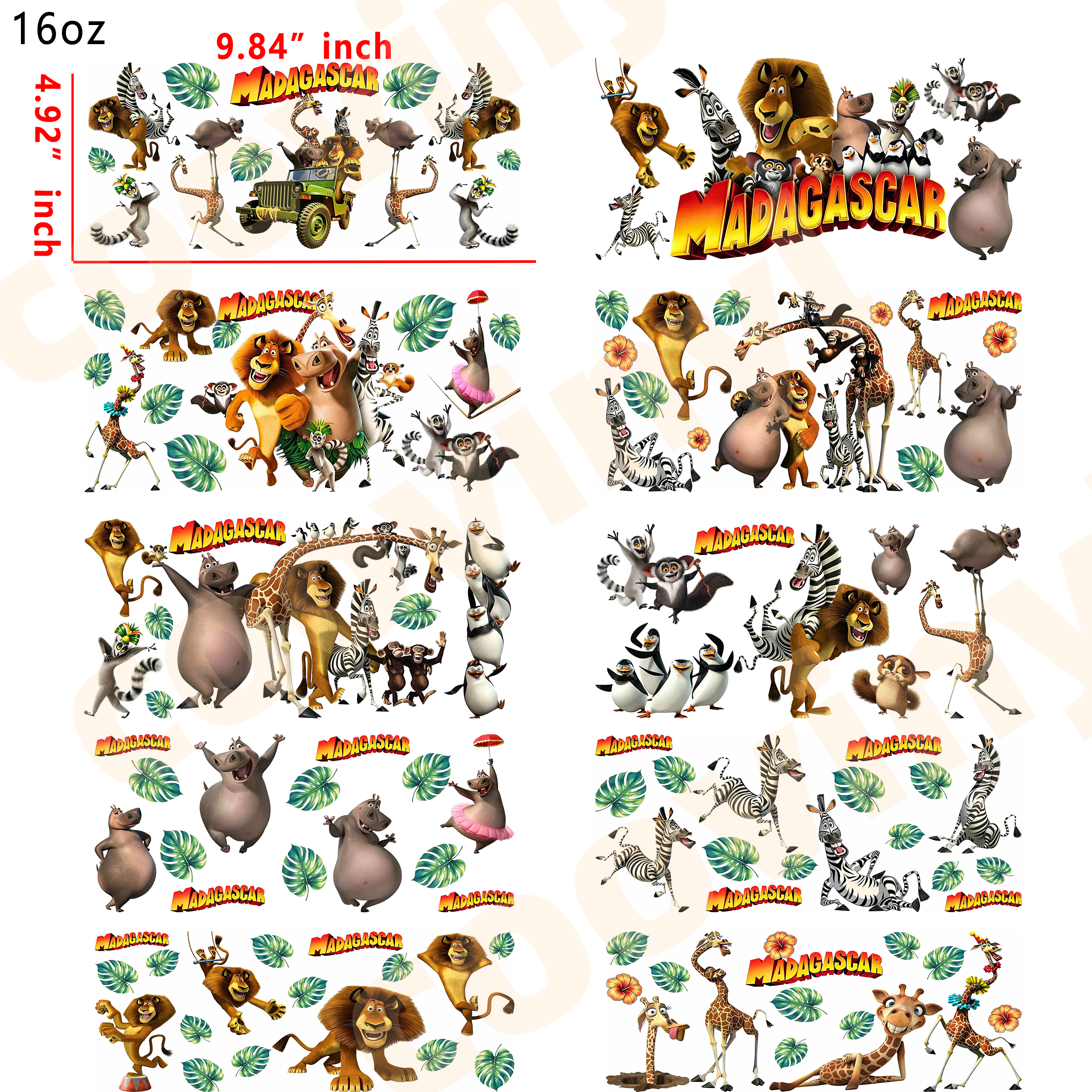 (R78)  10pcs Madagascar 16OZ Tumbler Cup Wraps, Waterproof Fade-Resistant Decal Stickers, Vivid HD Print with Strong Adhesion, Customizable Transfers for Glass Cups, Mugs & Smooth Surfaces, DIY Art Craft Supplies