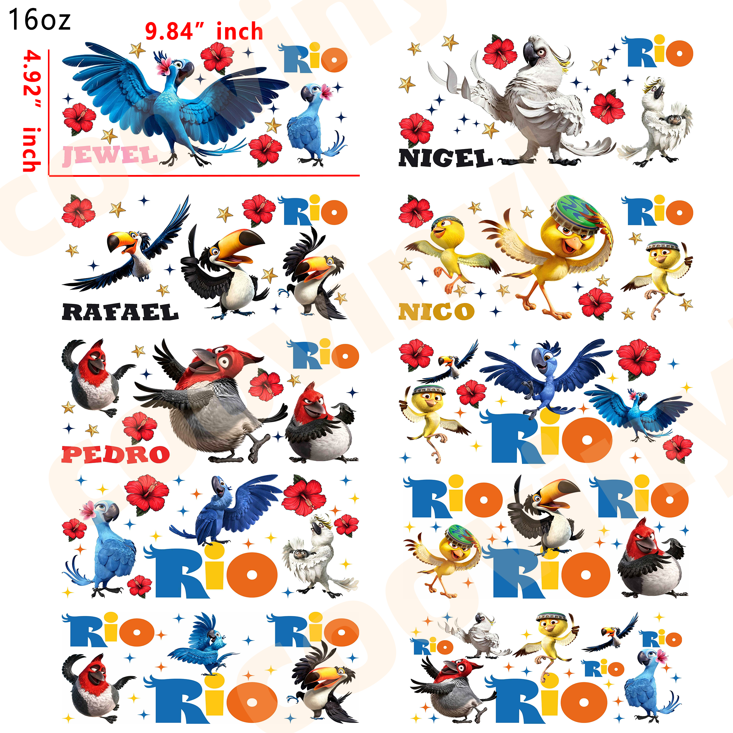 (R79)  10pcs Rio 16OZ Tumbler Cup Wraps, Waterproof Fade-Resistant Decal Stickers, Vivid HD Print with Strong Adhesion, Customizable Transfers for Glass Cups, Mugs & Smooth Surfaces, DIY Art Craft Supplies