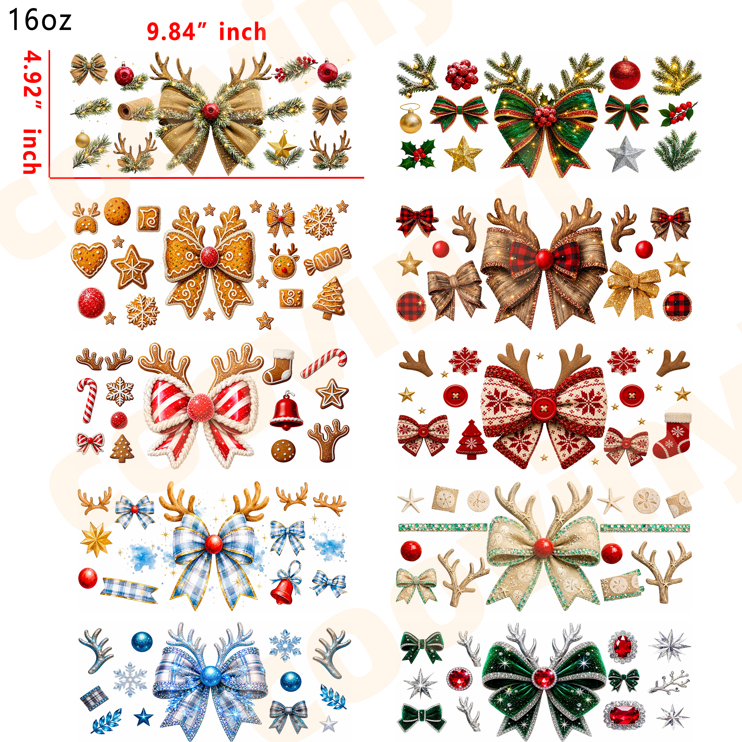 (R81)  10pcs Christmas bow 16OZ Tumbler Cup Wraps, Waterproof Fade-Resistant Decal Stickers, Vivid HD Print with Strong Adhesion, Customizable Transfers for Glass Cups, Mugs & Smooth Surfaces, DIY Art Craft Supplies