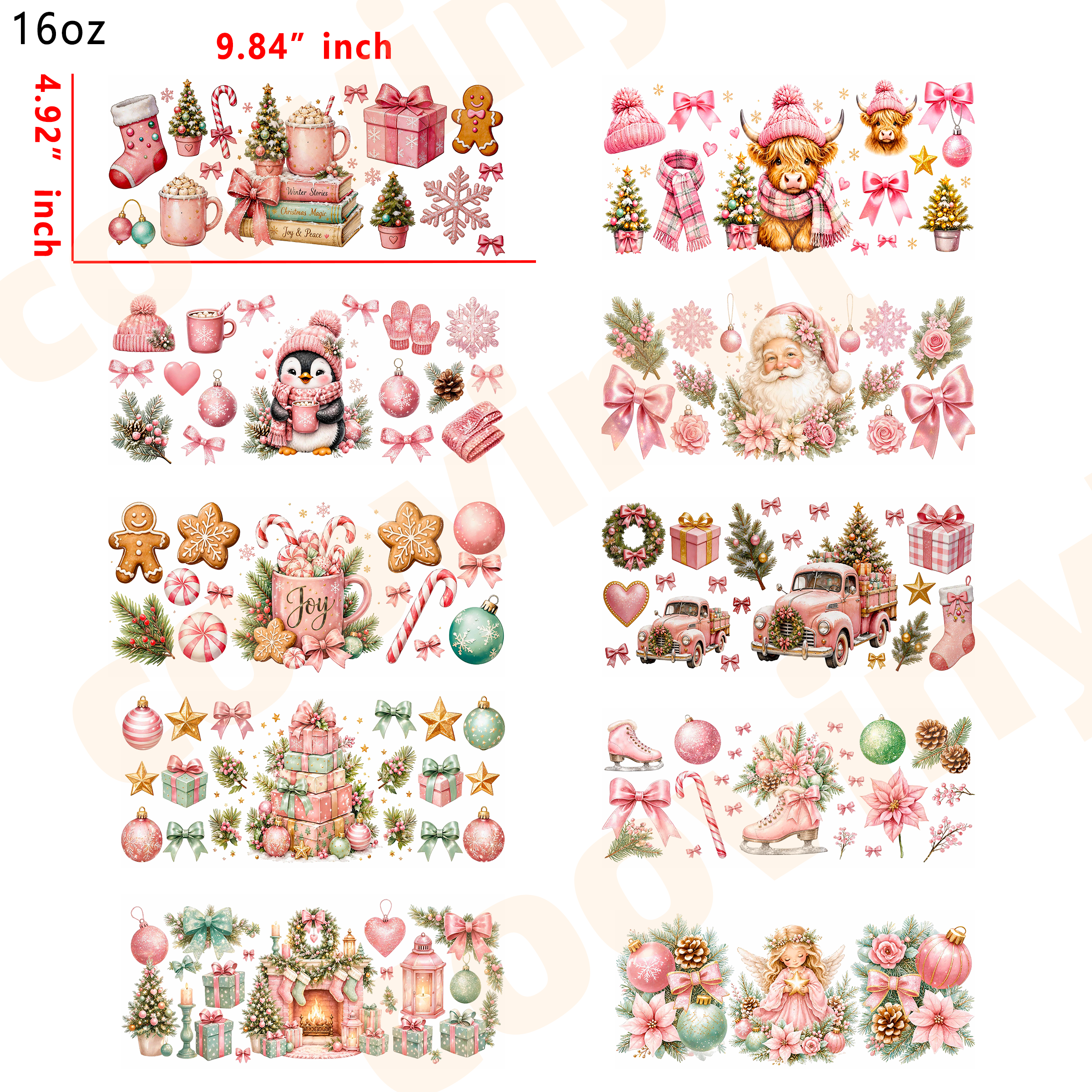(R82)  10pcs pink Christmas 16OZ Tumbler Cup Wraps, Waterproof Fade-Resistant Decal Stickers, Vivid HD Print with Strong Adhesion, Customizable Transfers for Glass Cups, Mugs & Smooth Surfaces, DIY Art Craft Supplies