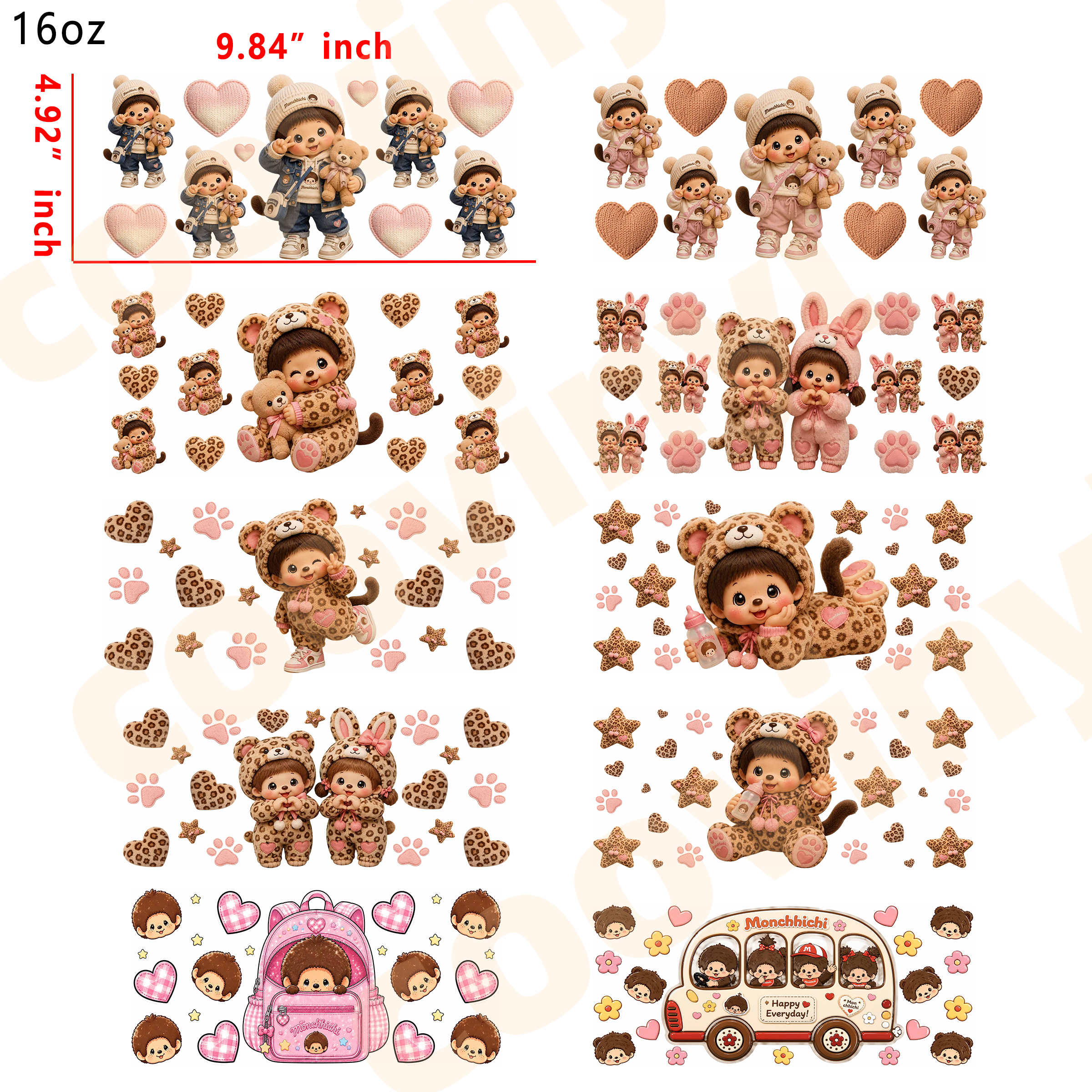 (R83)  10pcs Monchhichi 16OZ Tumbler Cup Wraps, Waterproof Fade-Resistant Decal Stickers, Vivid HD Print with Strong Adhesion, Customizable Transfers for Glass Cups, Mugs & Smooth Surfaces, DIY Art Craft Supplies