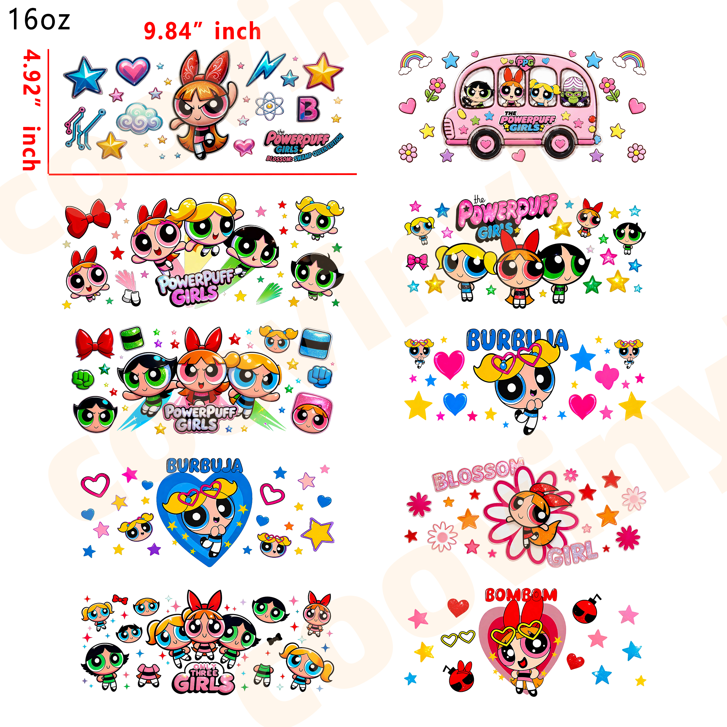 (L55)  10pcs powerpuff girl 16OZ Tumbler Cup Wraps, Waterproof Fade-Resistant Decal Stickers, Vivid HD Print with Strong Adhesion, Customizable Transfers for Glass Cups, Mugs & Smooth Surfaces, DIY Art Craft Supplies