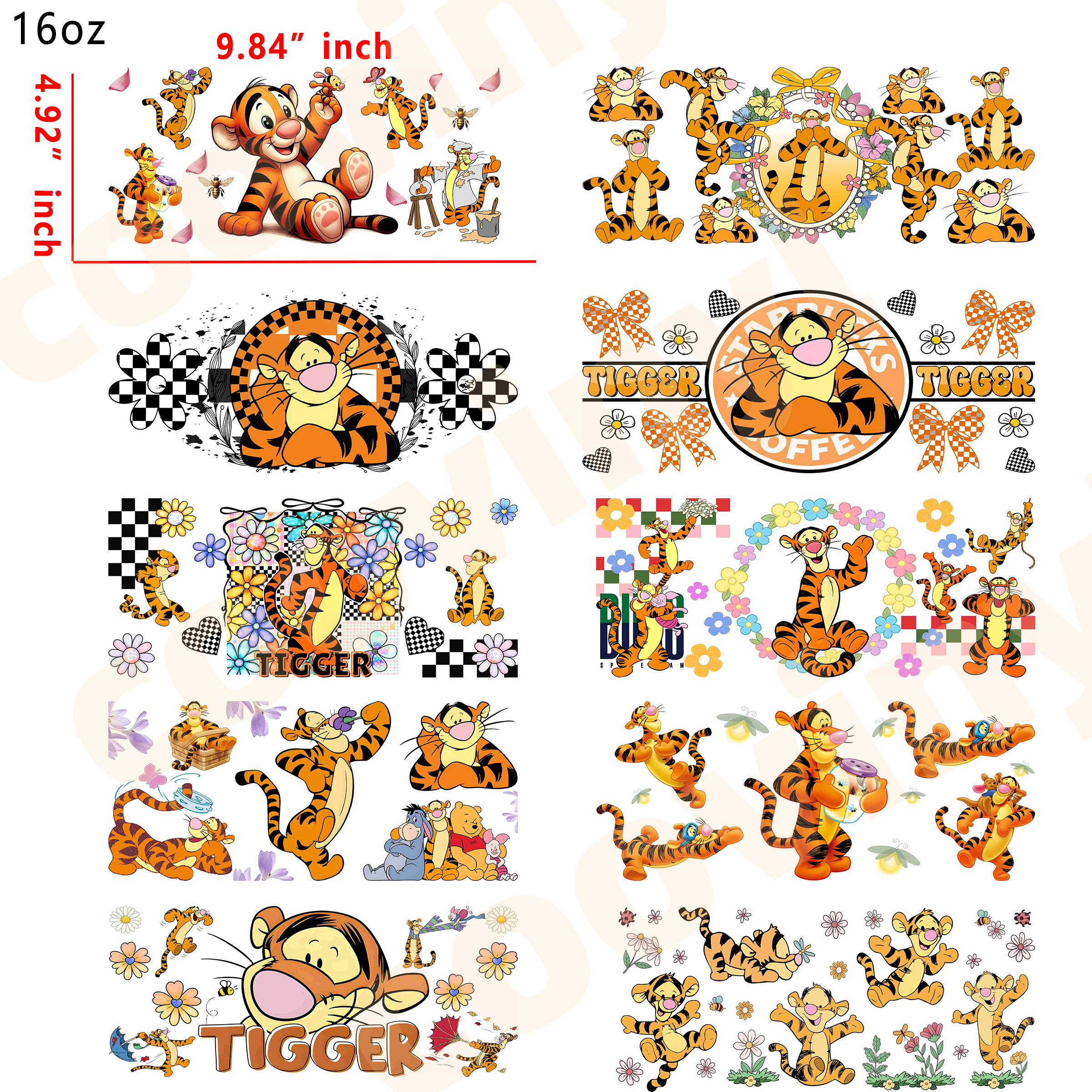 (L99)  10pcs tigger 16OZ Tumbler Cup Wraps, Waterproof Fade-Resistant Decal Stickers, Vivid HD Print with Strong Adhesion, Customizable Transfers for Glass Cups, Mugs & Smooth Surfaces, DIY Art Craft Supplies