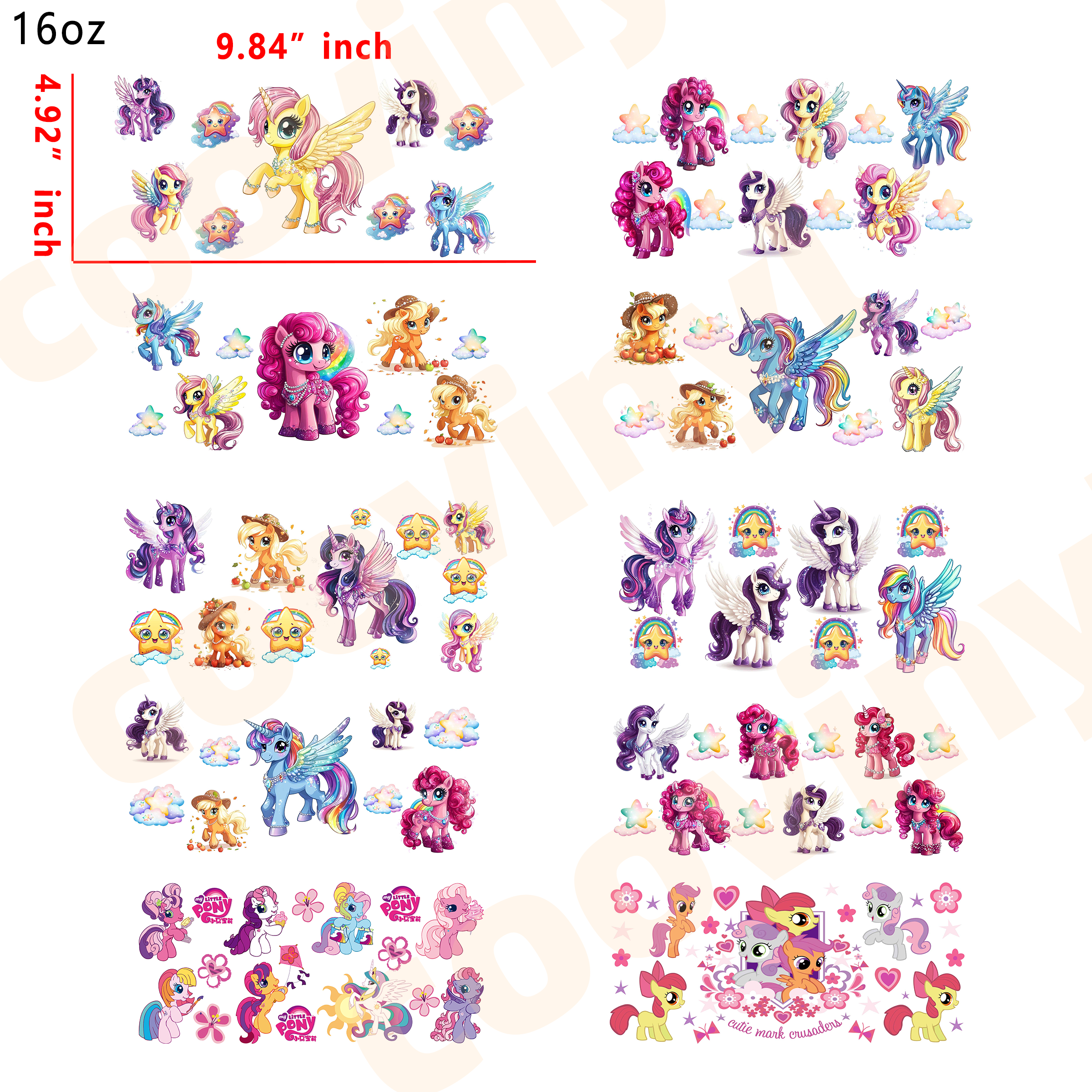 (R84)  10pcs my little pony 16OZ Tumbler Cup Wraps, Waterproof Fade-Resistant Decal Stickers, Vivid HD Print with Strong Adhesion, Customizable Transfers for Glass Cups, Mugs & Smooth Surfaces, DIY Art Craft Supplies
