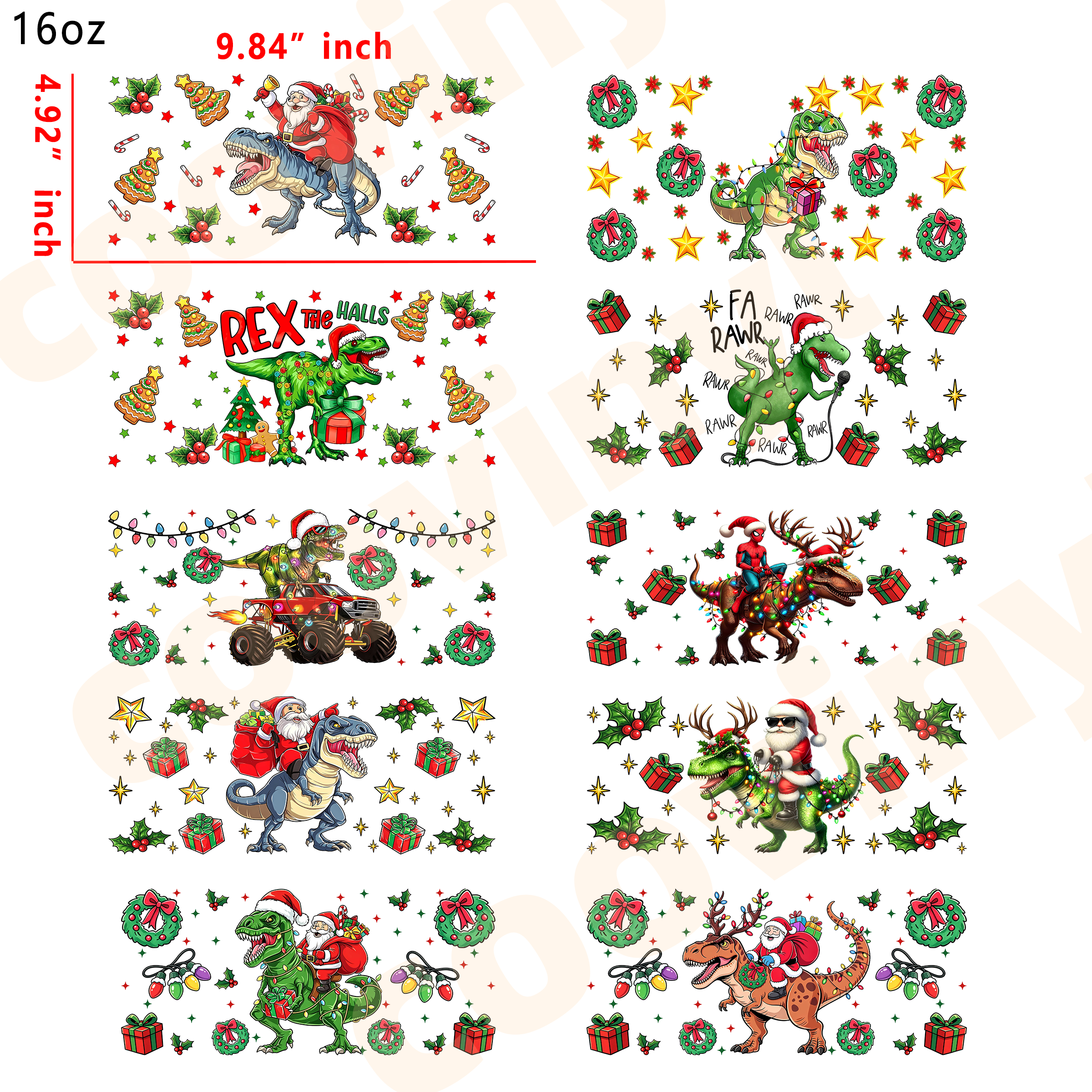 (R85)  10pcs Christmas dinosaur 16OZ Tumbler Cup Wraps, Waterproof Fade-Resistant Decal Stickers, Vivid HD Print with Strong Adhesion, Customizable Transfers for Glass Cups, Mugs & Smooth Surfaces, DIY Art Craft Supplies