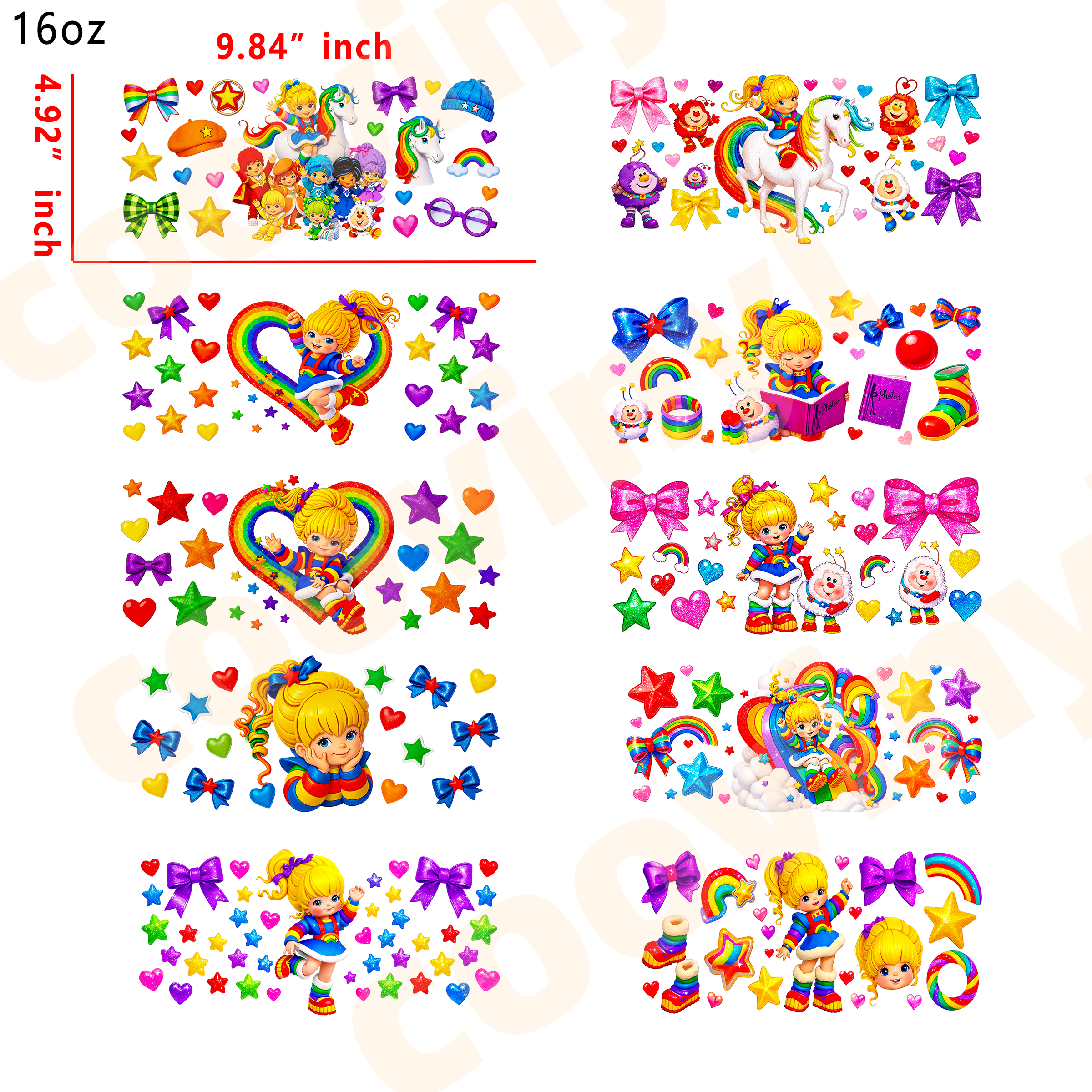 (R87)  10pcs rainbow brite 16OZ Tumbler Cup Wraps, Waterproof Fade-Resistant Decal Stickers, Vivid HD Print with Strong Adhesion, Customizable Transfers for Glass Cups, Mugs & Smooth Surfaces, DIY Art Craft Supplies
