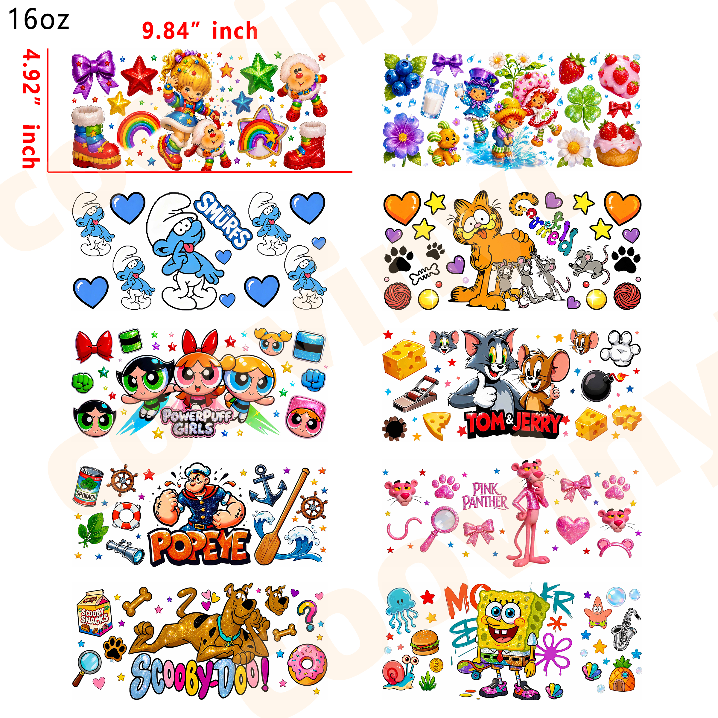 (T66)  20pcs cartoon mix 16OZ Tumbler Cup Wraps, Waterproof Fade-Resistant Decal Stickers, Vivid HD Print with Strong Adhesion, Customizable Transfers for Glass Cups, Mugs & Smooth Surfaces, DIY Art Craft Supplies