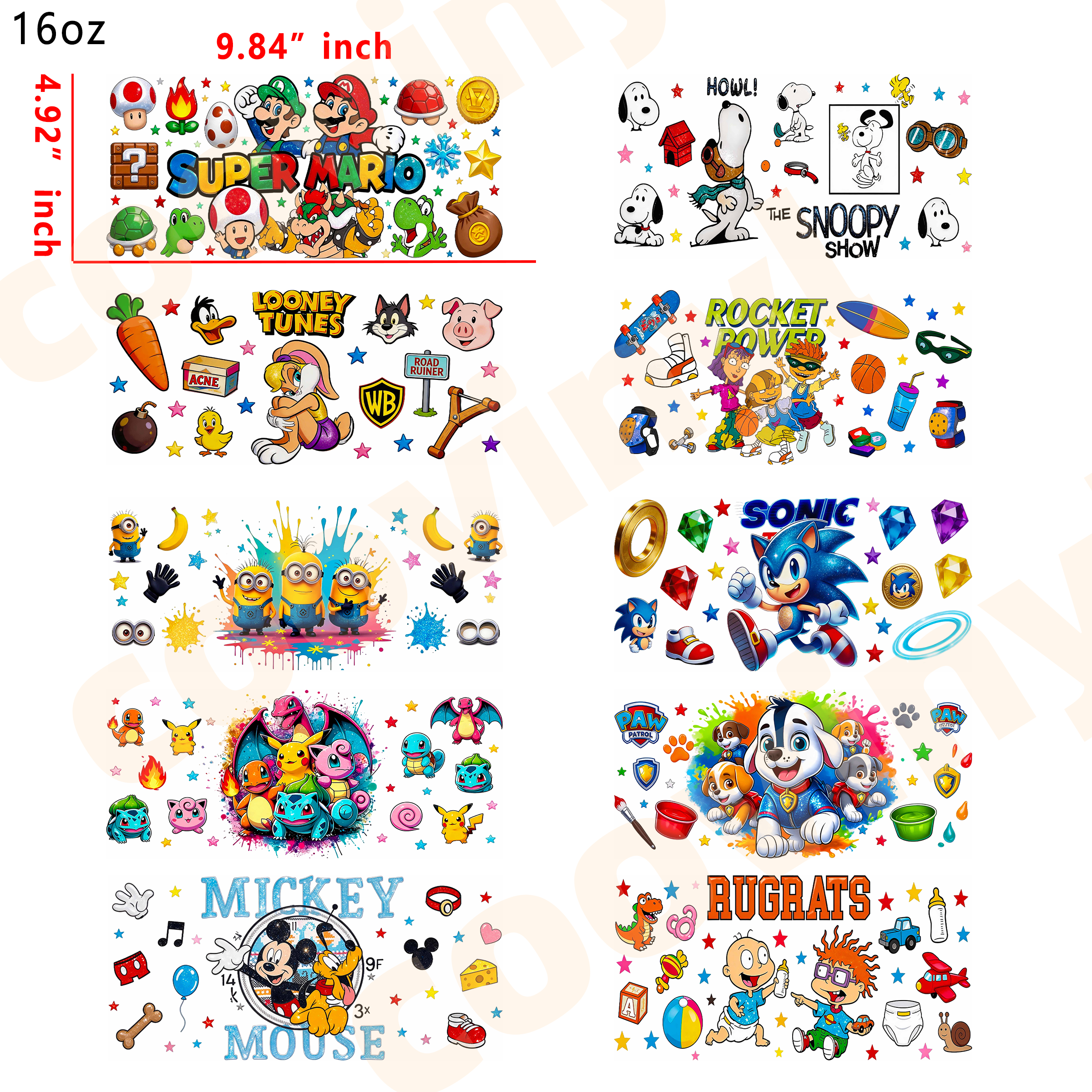 (T66)  20pcs cartoon mix 16OZ Tumbler Cup Wraps, Waterproof Fade-Resistant Decal Stickers, Vivid HD Print with Strong Adhesion, Customizable Transfers for Glass Cups, Mugs & Smooth Surfaces, DIY Art Craft Supplies