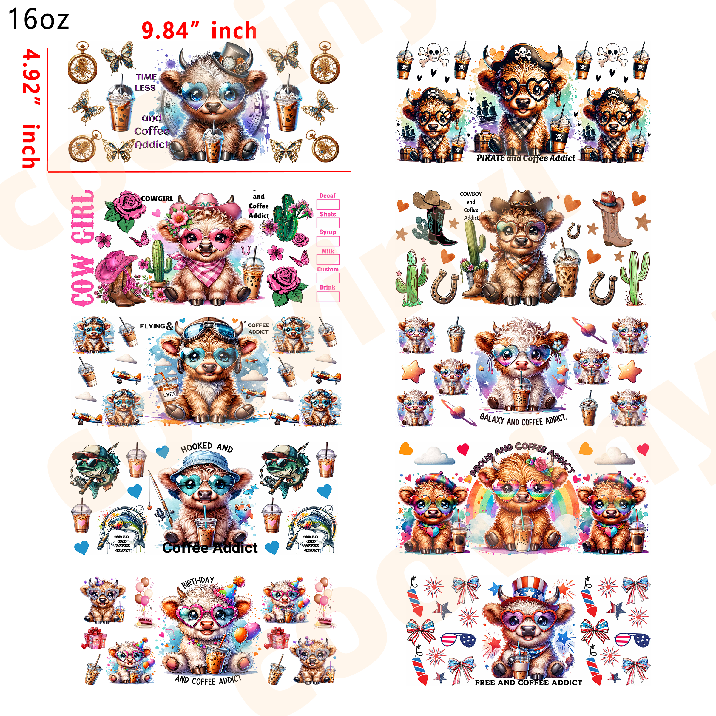 (U28)  10pcs cow 16OZ Tumbler Cup Wraps, Waterproof Fade-Resistant Decal Stickers, Vivid HD Print with Strong Adhesion, Customizable Transfers for Glass Cups, Mugs & Smooth Surfaces, DIY Art Craft Supplies