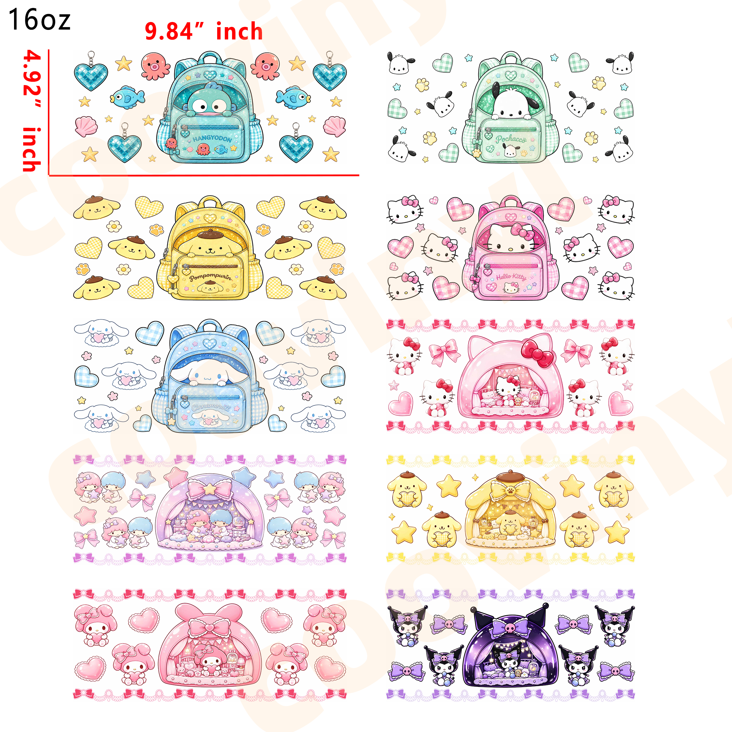 (U45)  10pcs sanrio 16OZ Tumbler Cup Wraps, Waterproof Fade-Resistant Decal Stickers, Vivid HD Print with Strong Adhesion, Customizable Transfers for Glass Cups, Mugs & Smooth Surfaces, DIY Art Craft Supplies