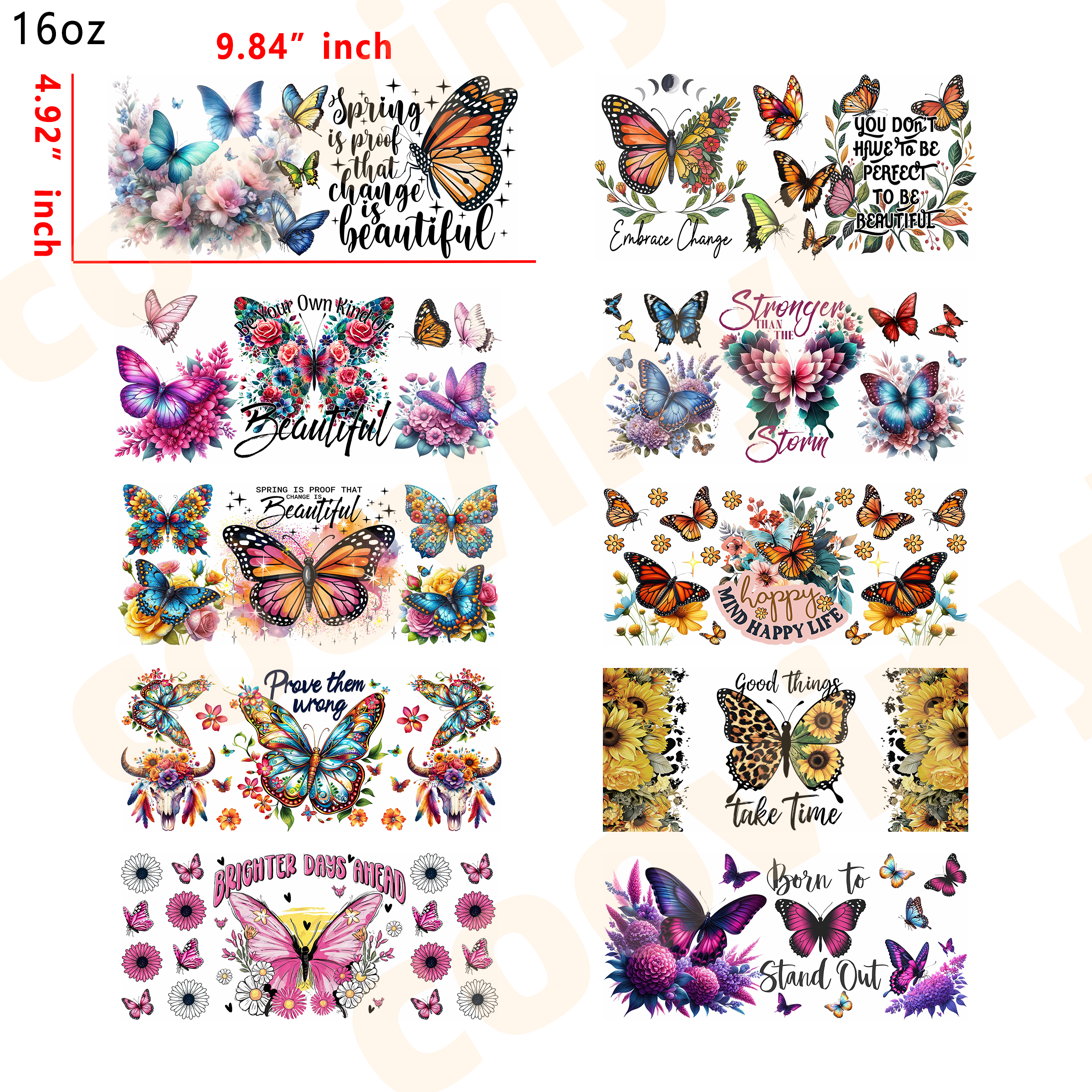 (U84)  10pcs butterfly inspired 16OZ Tumbler Cup Wraps, Waterproof Fade-Resistant Decal Stickers, Vivid HD Print with Strong Adhesion, Customizable Transfers for Glass Cups, Mugs & Smooth Surfaces, DIY Art Craft Supplies
