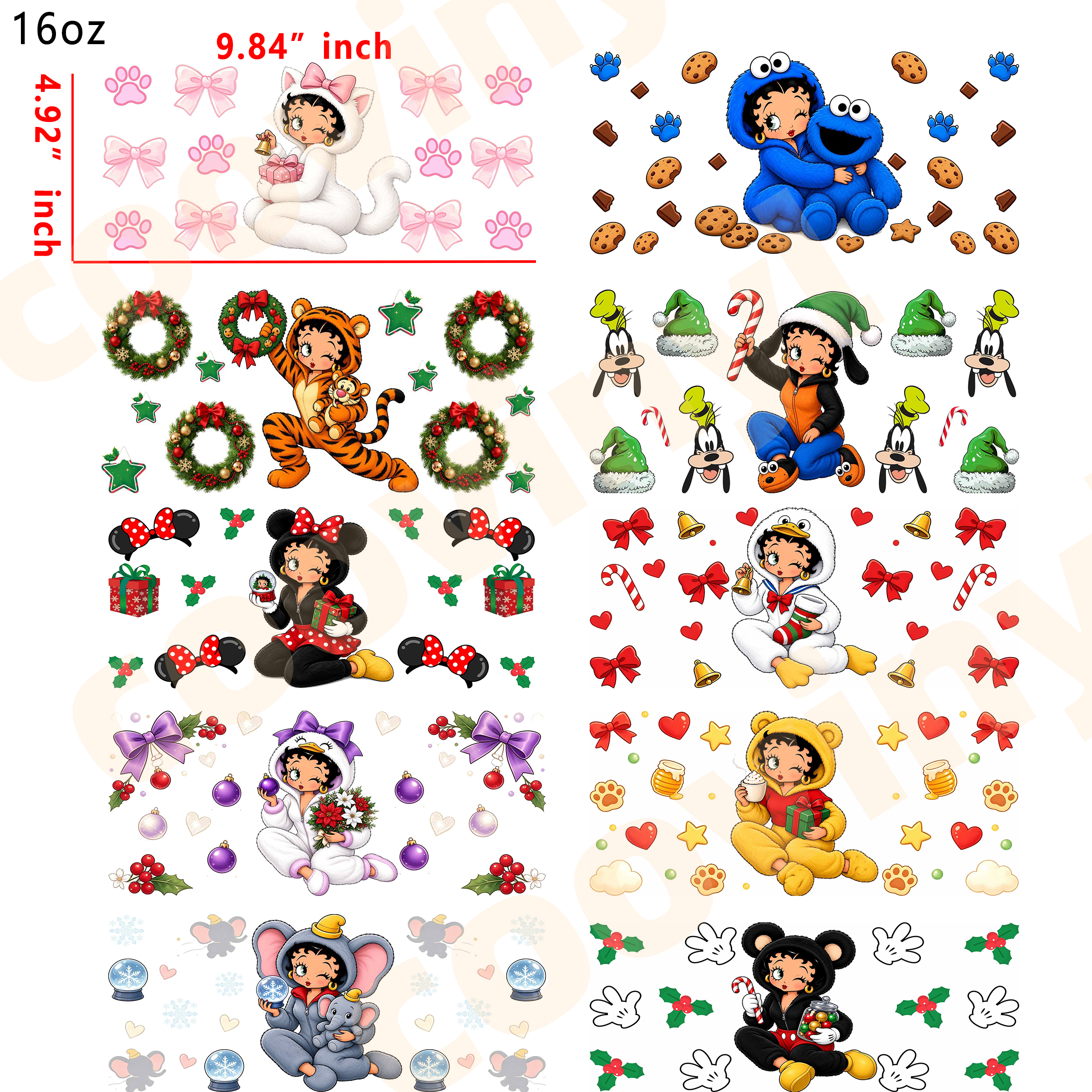(X24)  10pcs cartoon betty 16OZ Tumbler Cup Wraps, Waterproof Fade-Resistant Decal Stickers, Vivid HD Print with Strong Adhesion, Customizable Transfers for Glass Cups, Mugs & Smooth Surfaces, DIY Art Craft Supplies