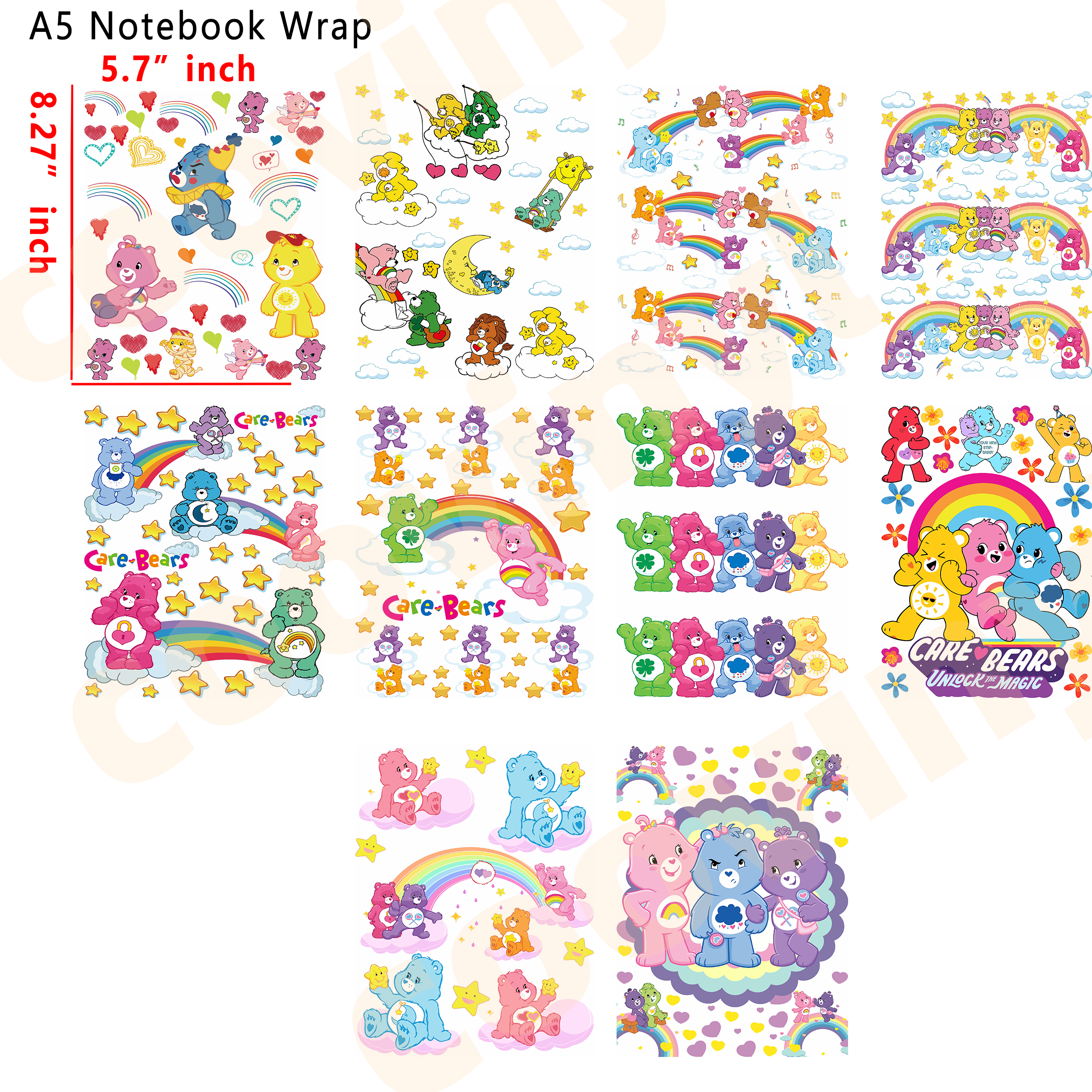 (Q45)  carebear 10pcs A5 Notebook Wraps, Waterproof Fade Resistant UV DTF Decal Stickers, Vivid HD Print with Strong Adhesion, Customizable Crystal Transfers for Notebooks & Smooth Surfaces, DIY Art Craft Supplies