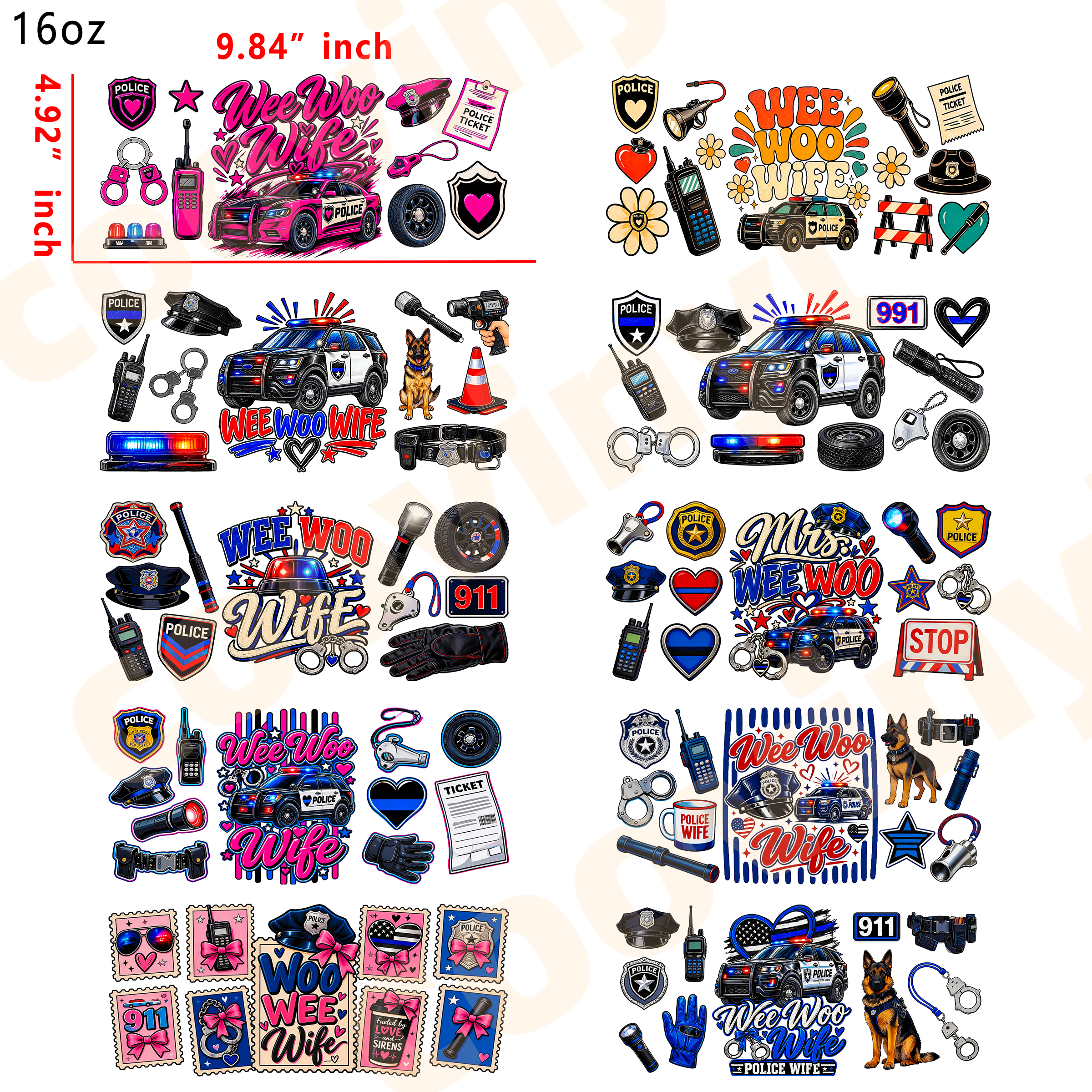 (R90)  10pcs police 16OZ Tumbler Cup Wraps, Waterproof Fade-Resistant Decal Stickers, Vivid HD Print with Strong Adhesion, Customizable Transfers for Glass Cups, Mugs & Smooth Surfaces, DIY Art Craft Supplies