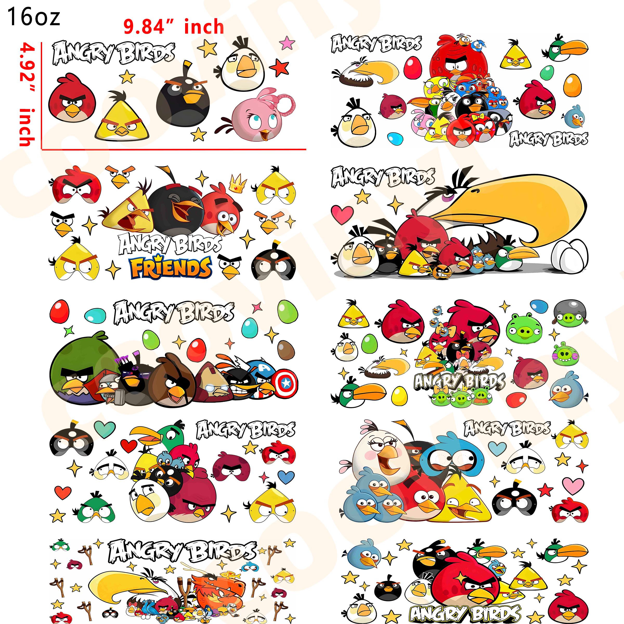 (R92)  10pcs angry birds 16OZ Tumbler Cup Wraps, Waterproof Fade-Resistant Decal Stickers, Vivid HD Print with Strong Adhesion, Customizable Transfers for Glass Cups, Mugs & Smooth Surfaces, DIY Art Craft Supplies