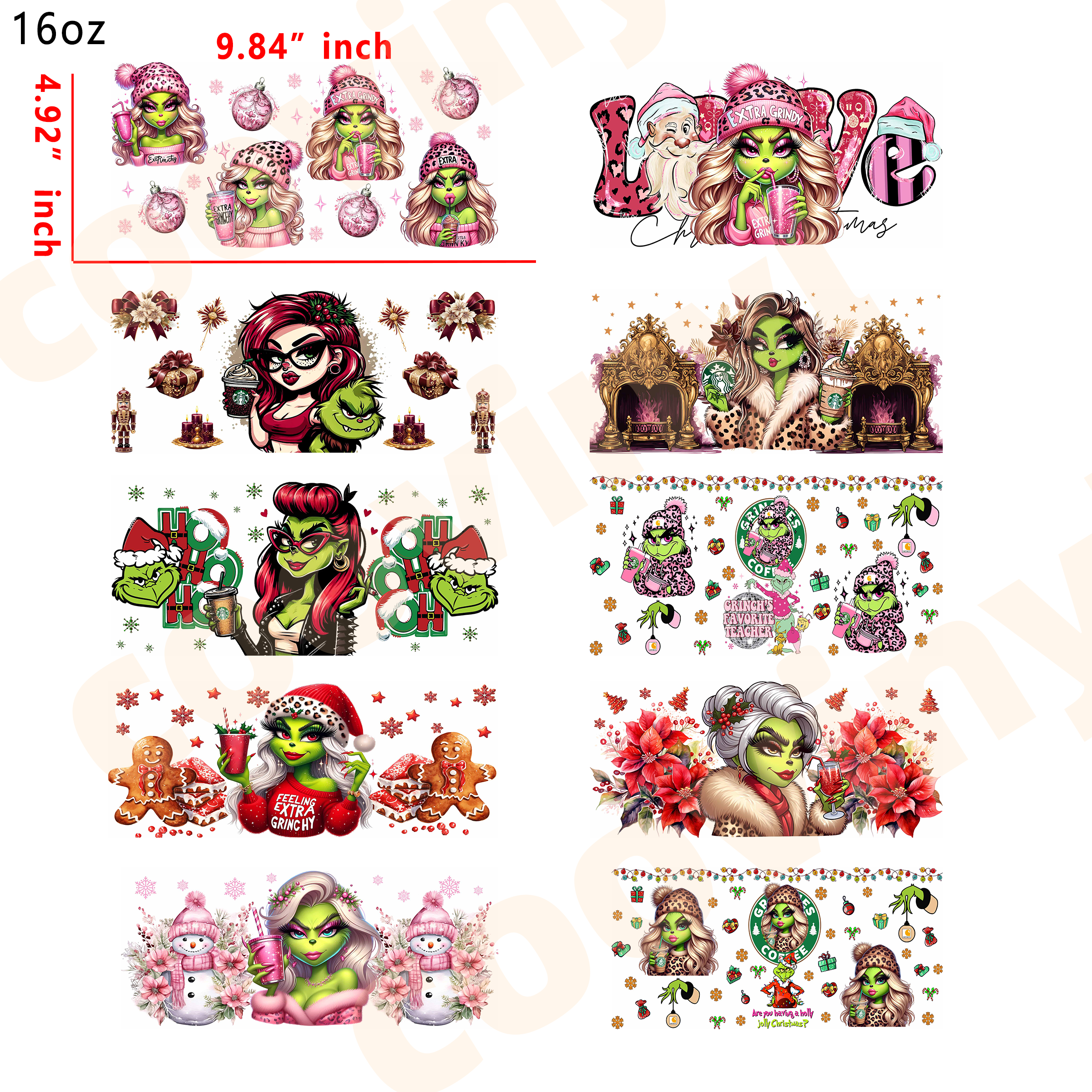 (T2)  20pcs grinch 16OZ Tumbler Cup Wraps, Waterproof Fade-Resistant Decal Stickers, Vivid HD Print with Strong Adhesion, Customizable Transfers for Glass Cups, Mugs & Smooth Surfaces, DIY Art Craft Supplies