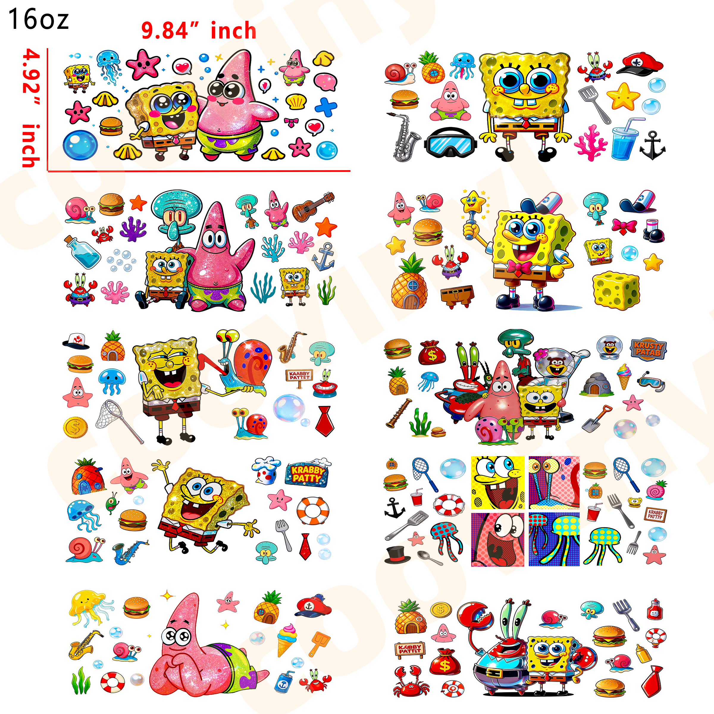 (T20)  10pcs sponge bob 16OZ Tumbler Cup Wraps, Waterproof Fade-Resistant Decal Stickers, Vivid HD Print with Strong Adhesion, Customizable Transfers for Glass Cups, Mugs & Smooth Surfaces, DIY Art Craft Supplies